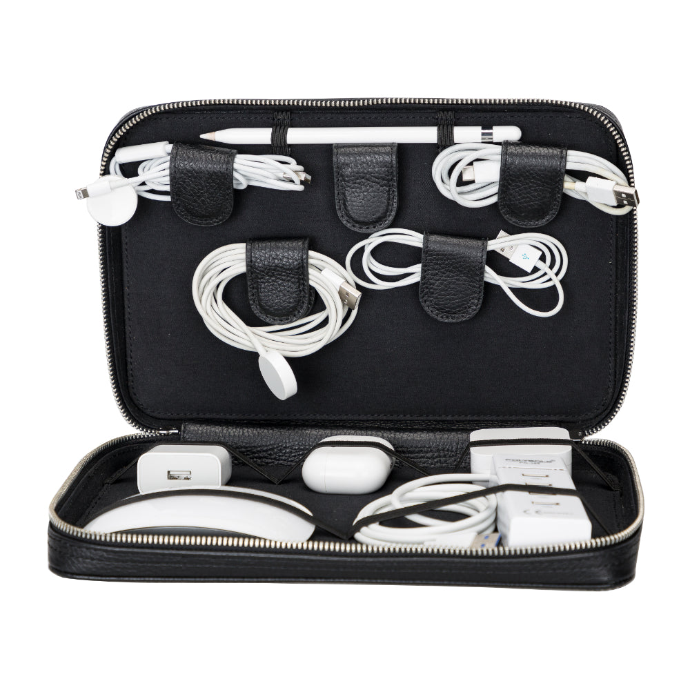 Leather Travel Cable Organizer - TORONATA - color_ Pebble Black