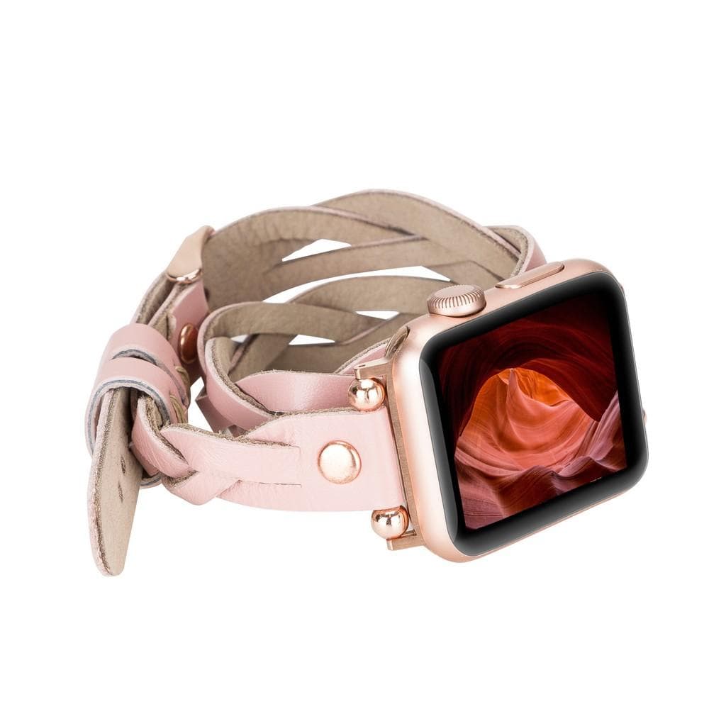 Peggy Ferro Braided Double Tour Rose Gold Trok Style Genuine Leather Apple Watch Band - TORONATA - color_ Pink