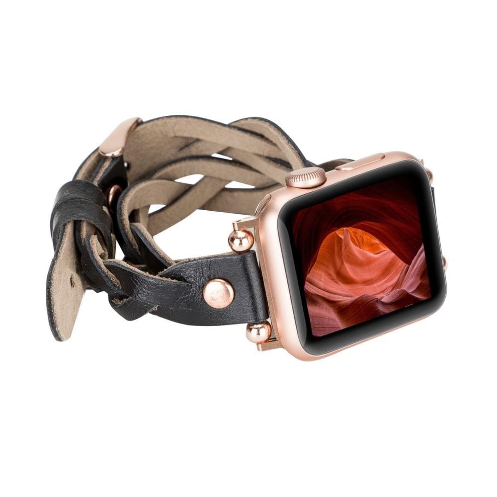 Peggy Ferro Braided Double Tour Rose Gold Trok Style Genuine Leather Apple Watch Band - TORONATA - color_ Black