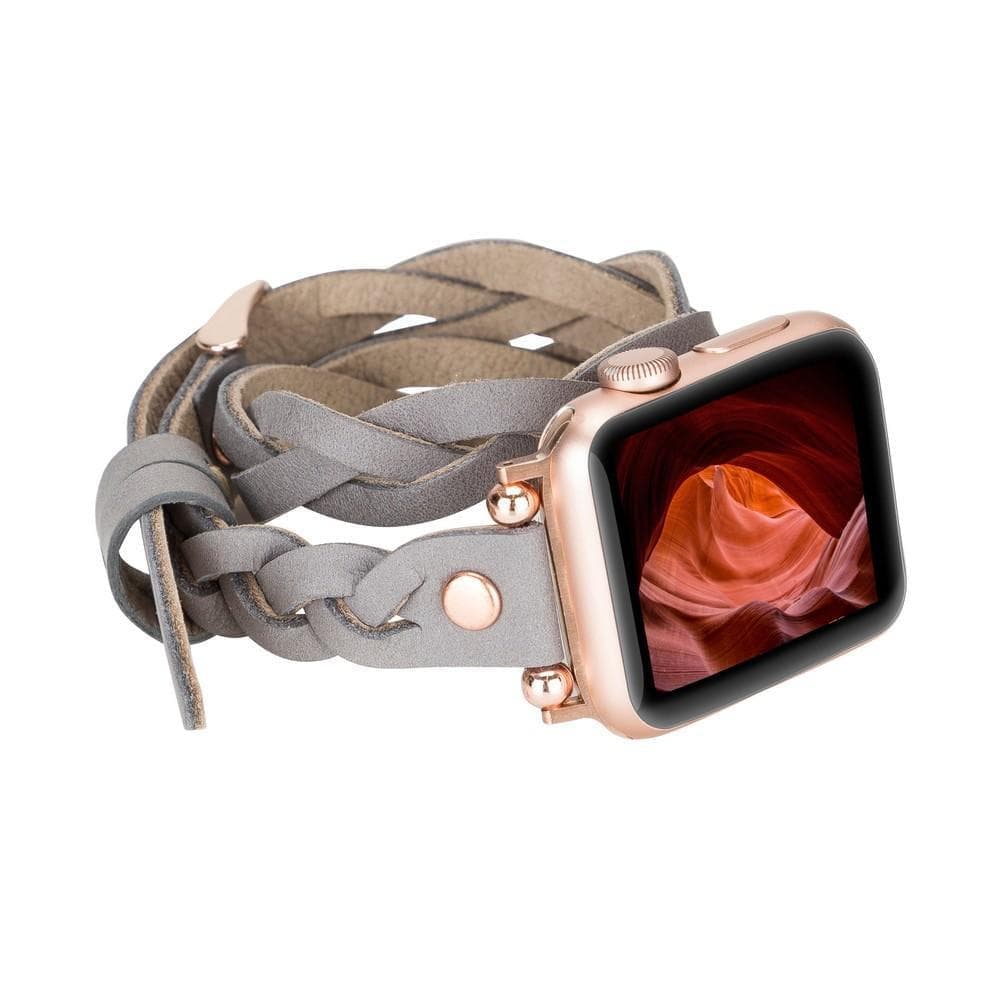 Peggy Ferro Braided Double Tour Rose Gold Trok Style Genuine Leather Apple Watch Band - TORONATA - color_ Light Gray