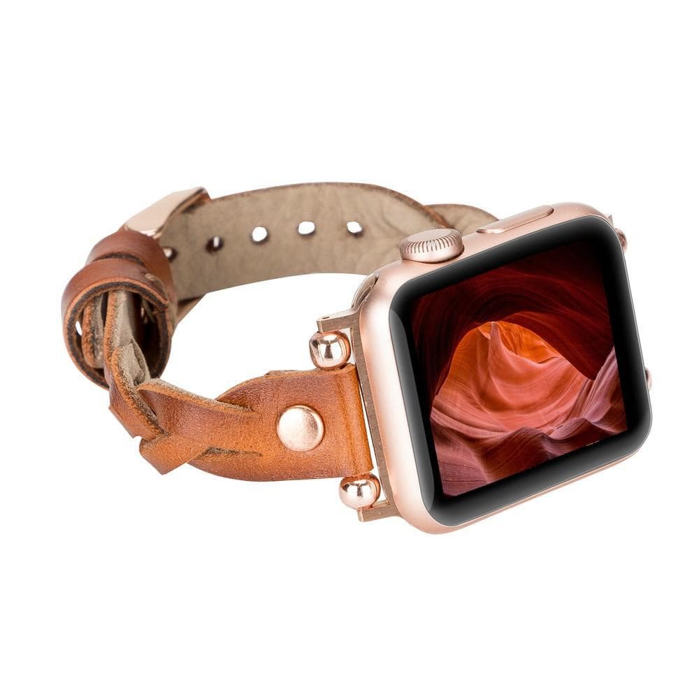 Wanda Ferro Braided Rose Gold Trok Style Leather Apple Watch Band - TORONATA - color_ Tan