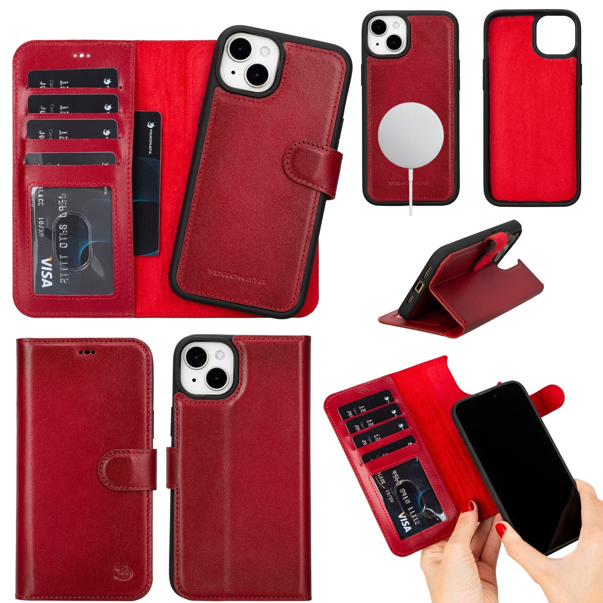 Casper Leather iPhone 15 Wallet Case | MagSafe - TORONATA - #color_red