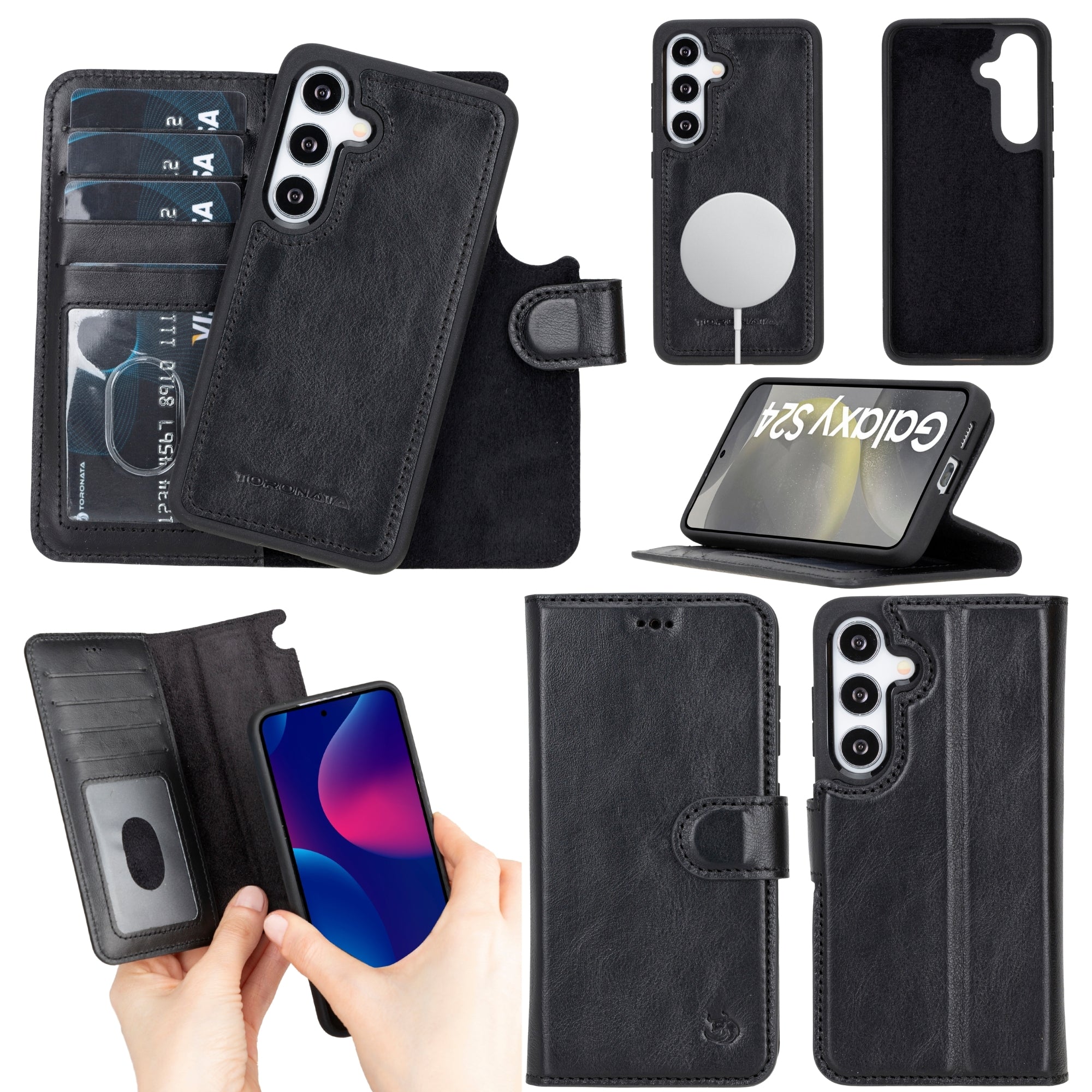 Buffalo Leather Samsung Galaxy S24 Wallet with Detachable Case-Black---TORONATA