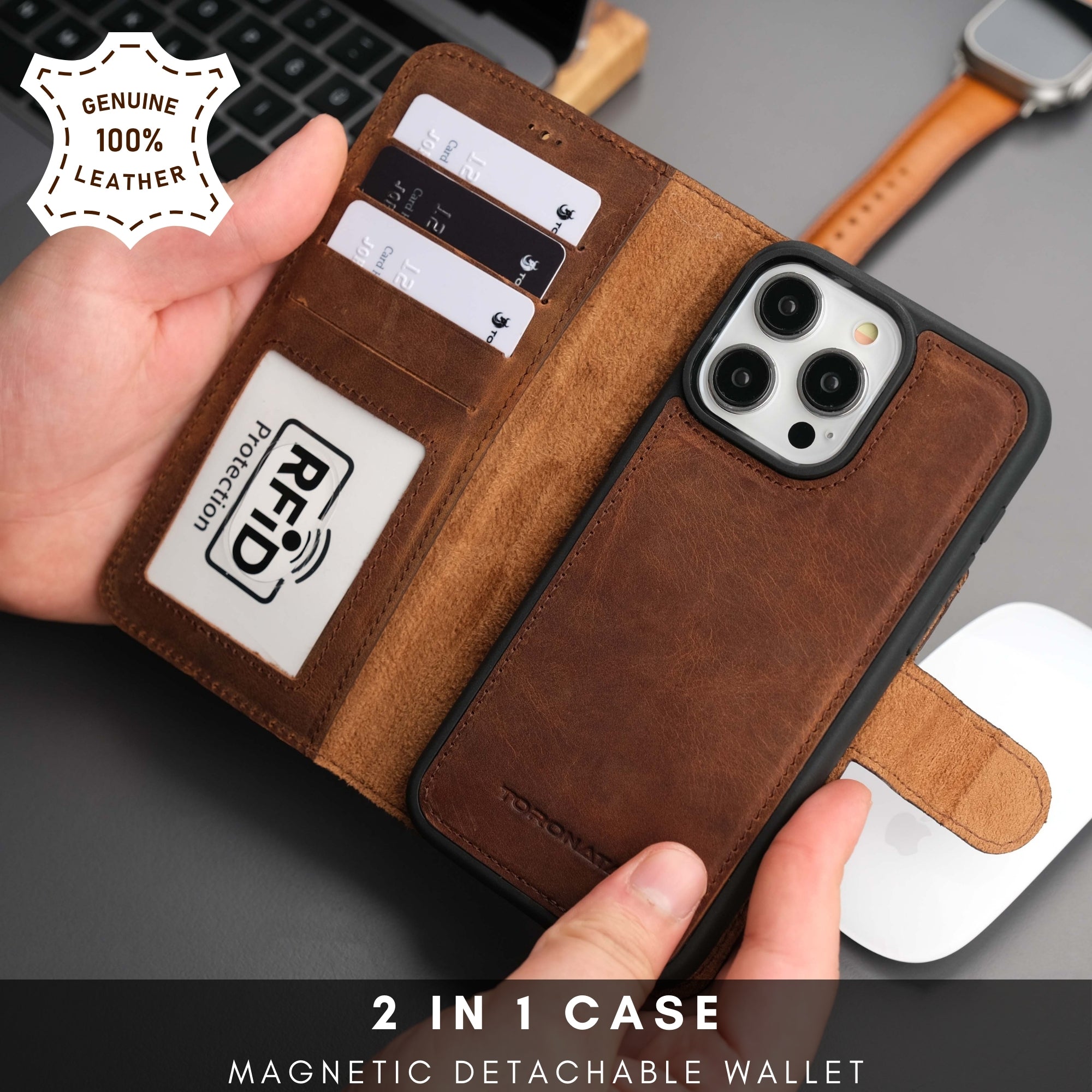 Casper Leather iPhone 15 Pro Max Wallet Case | MagSafe-Antic Brown---TORONATA