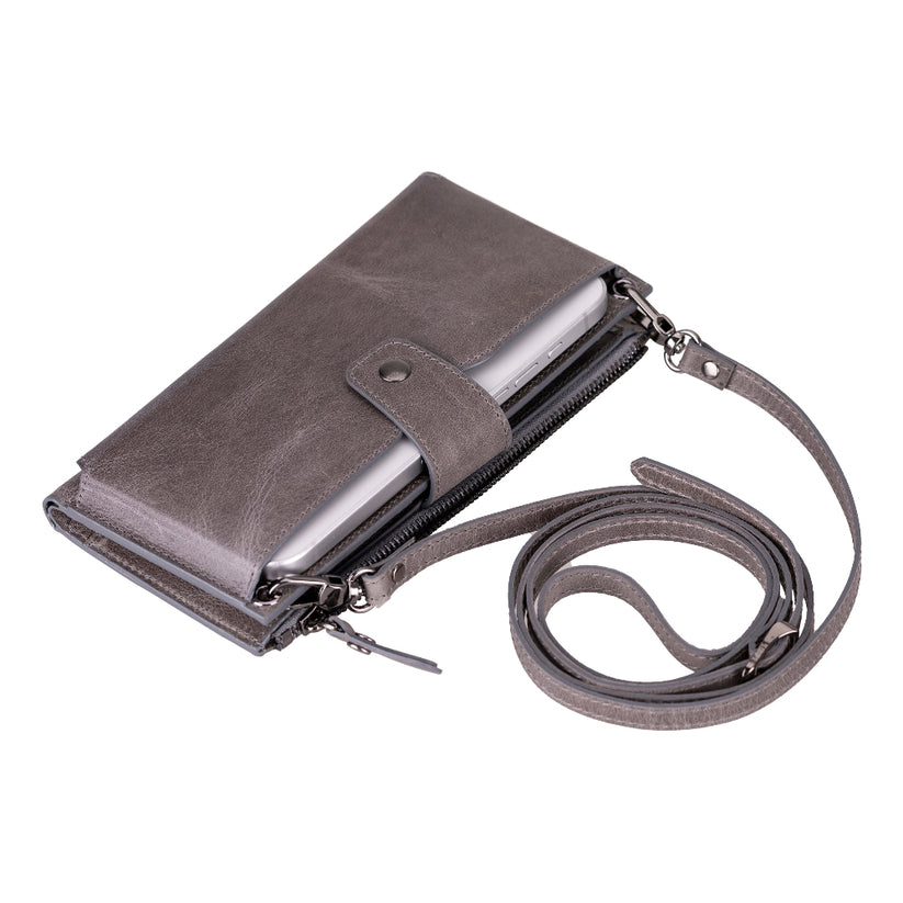 Kaycee Leather Women's Cell Phone Wallet with Strap gray-