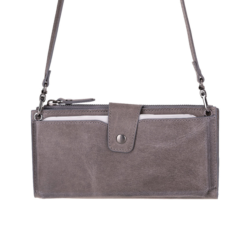 Kaycee Leather Women's Cell Phone Wallet with Strap gray-