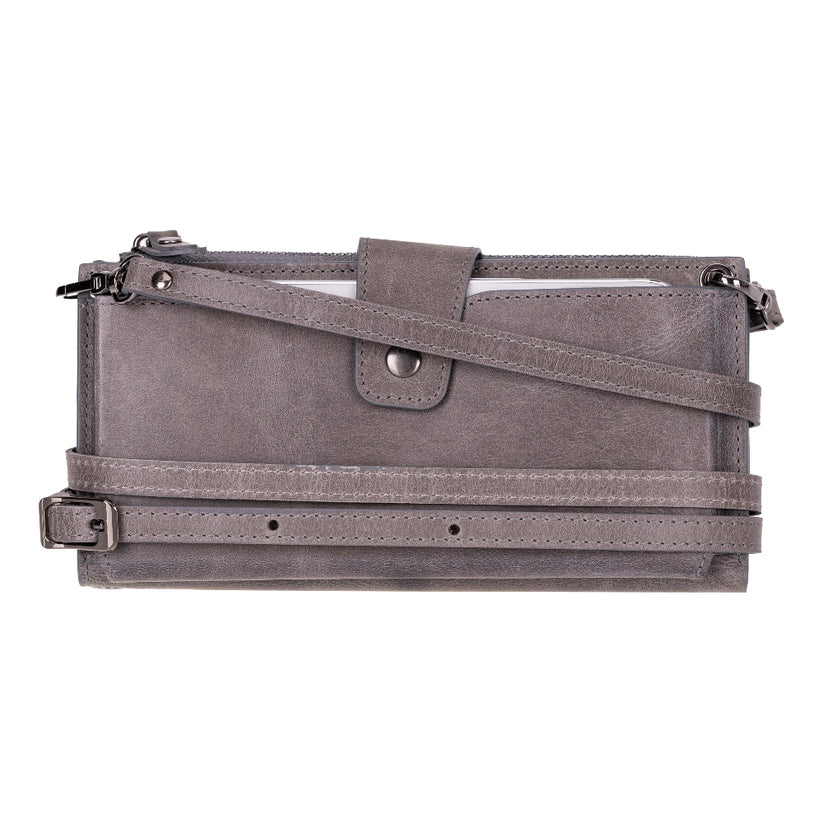 Kaycee Leather Women's Cell Phone Wallet with Strap gray-