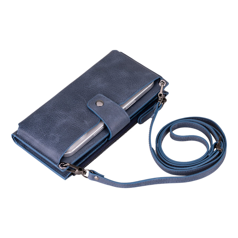 Kaycee Leather Women's Cell Phone Wallet with Strap navy 