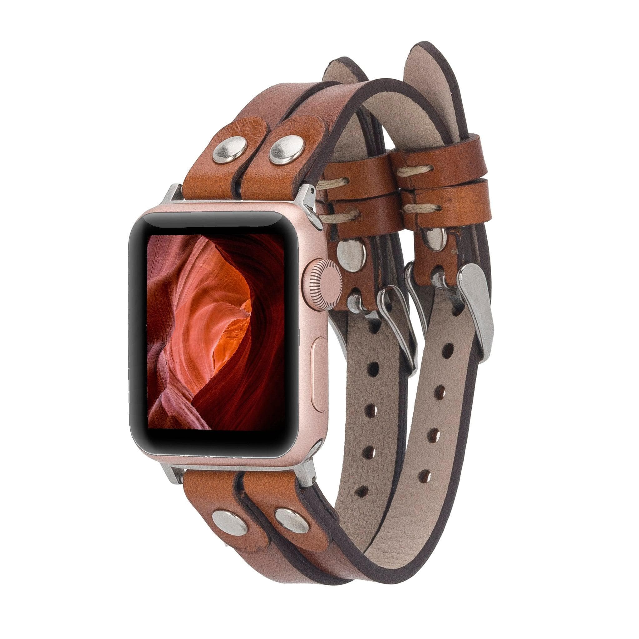 Durham Ely Leather Apple Watch Double Band - TORONATA - color_ Tan Silver