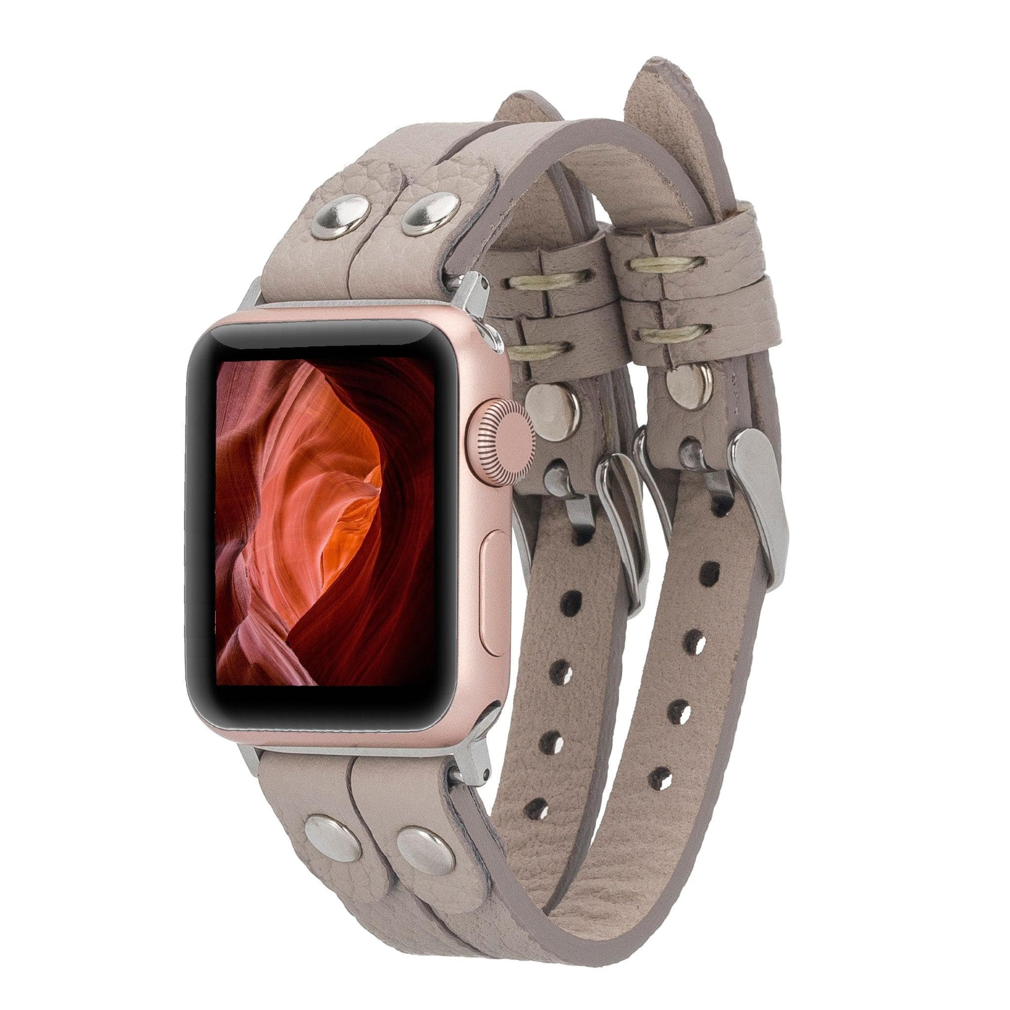 Durham Ely Leather Apple Watch Double Band - TORONATA - color_ Sandy Brown Silver