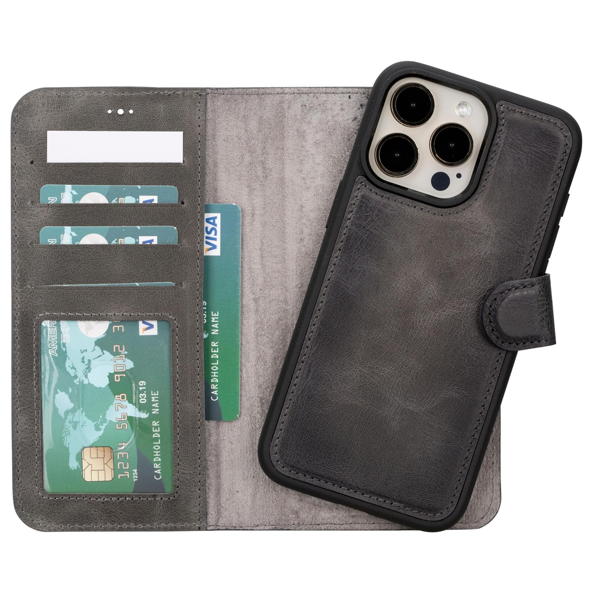 Magic iPhone 15 Pro Detachable Leather Wallet Case - TORONATA - color_ Sandy Gray