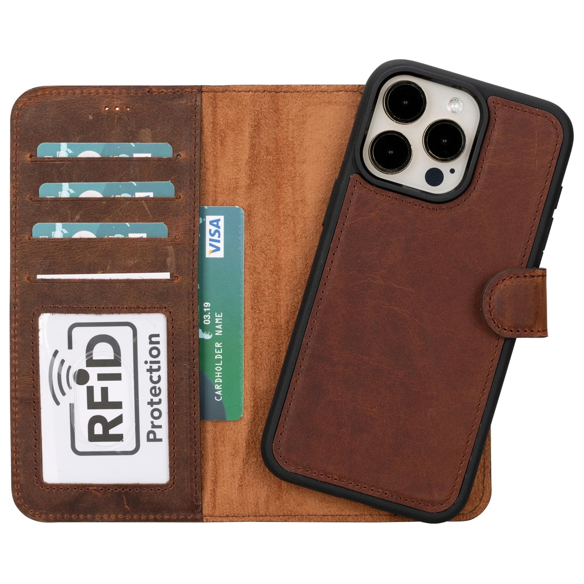 Magic iPhone 15 Detachable Leather Wallet Case - TORONATA - color_ Saddle Brown