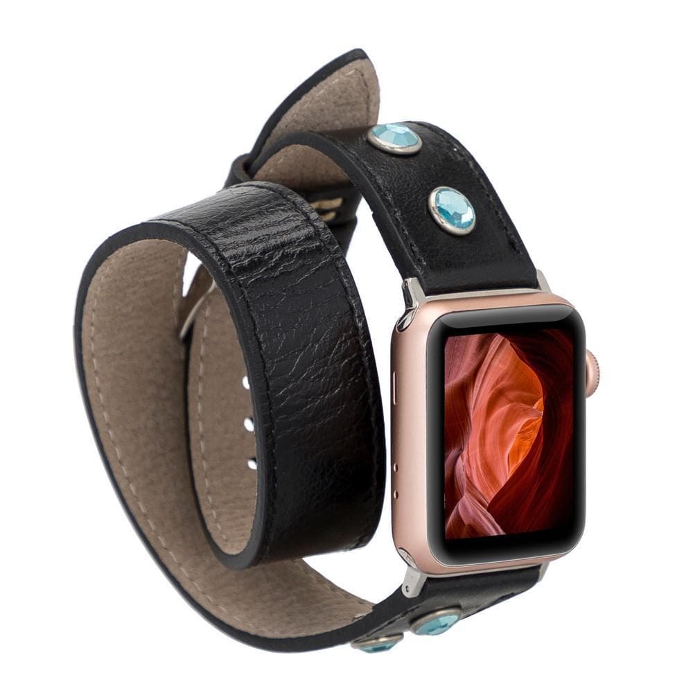 Solitare Diamond Style Double Tour Genuine Leather Apple Watch Band - TORONATA - color_ Black
