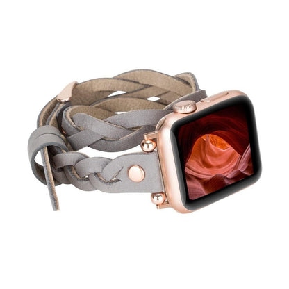 Peggy Ferro Braided Double Tour Rose Gold Trok Style Genuine Leather Apple Watch Band - TORONATA - color_ Light Gray