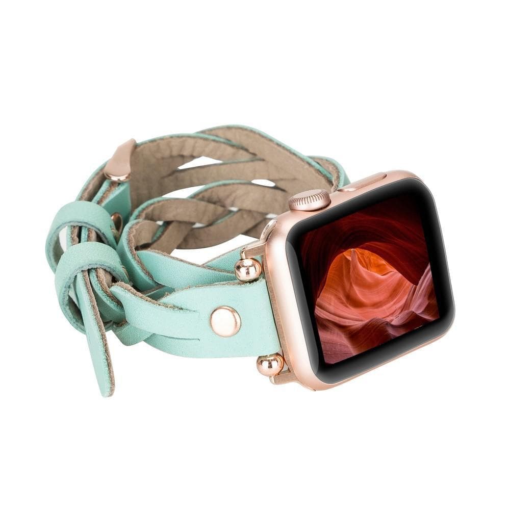 Peggy Ferro Braided Double Tour Rose Gold Trok Style Genuine Leather Apple Watch Band - TORONATA - color_ Medium Aquamarine