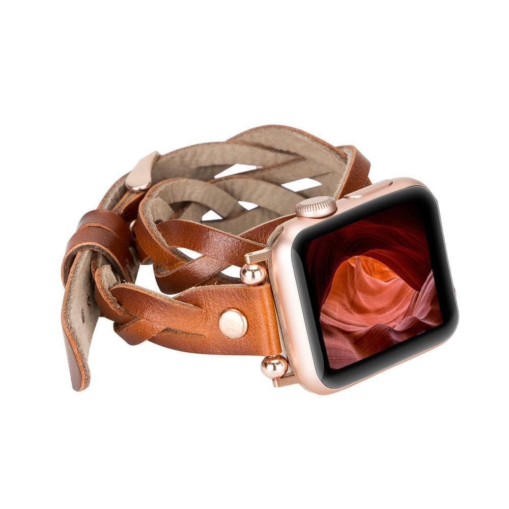 Peggy Ferro Braided Double Tour Rose Gold Trok Style Genuine Leather Apple Watch Band - TORONATA - color_ Tan