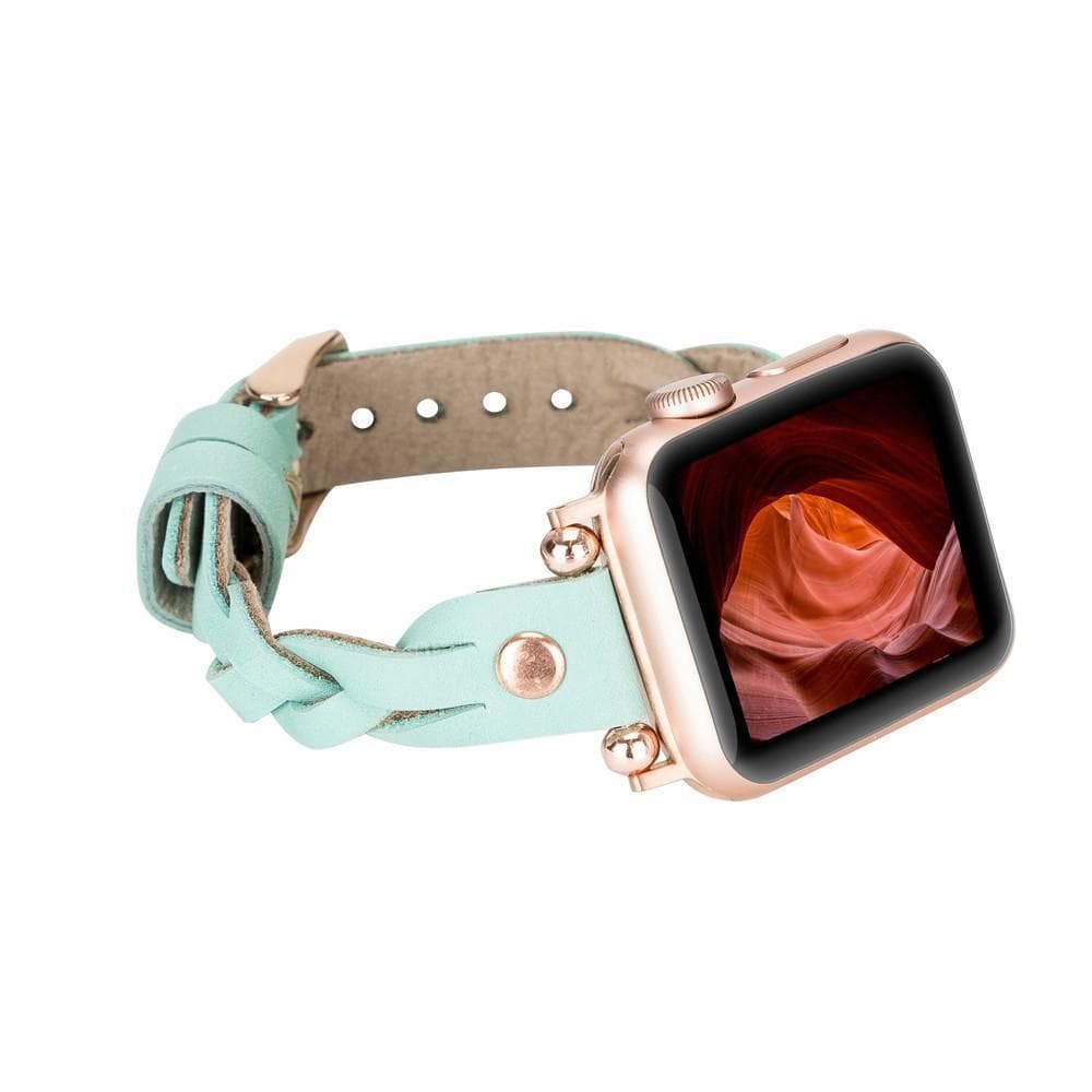 Wanda Ferro Braided Rose Gold Trok Style Leather Apple Watch Band - TORONATA - color_ Medium Aquamarine