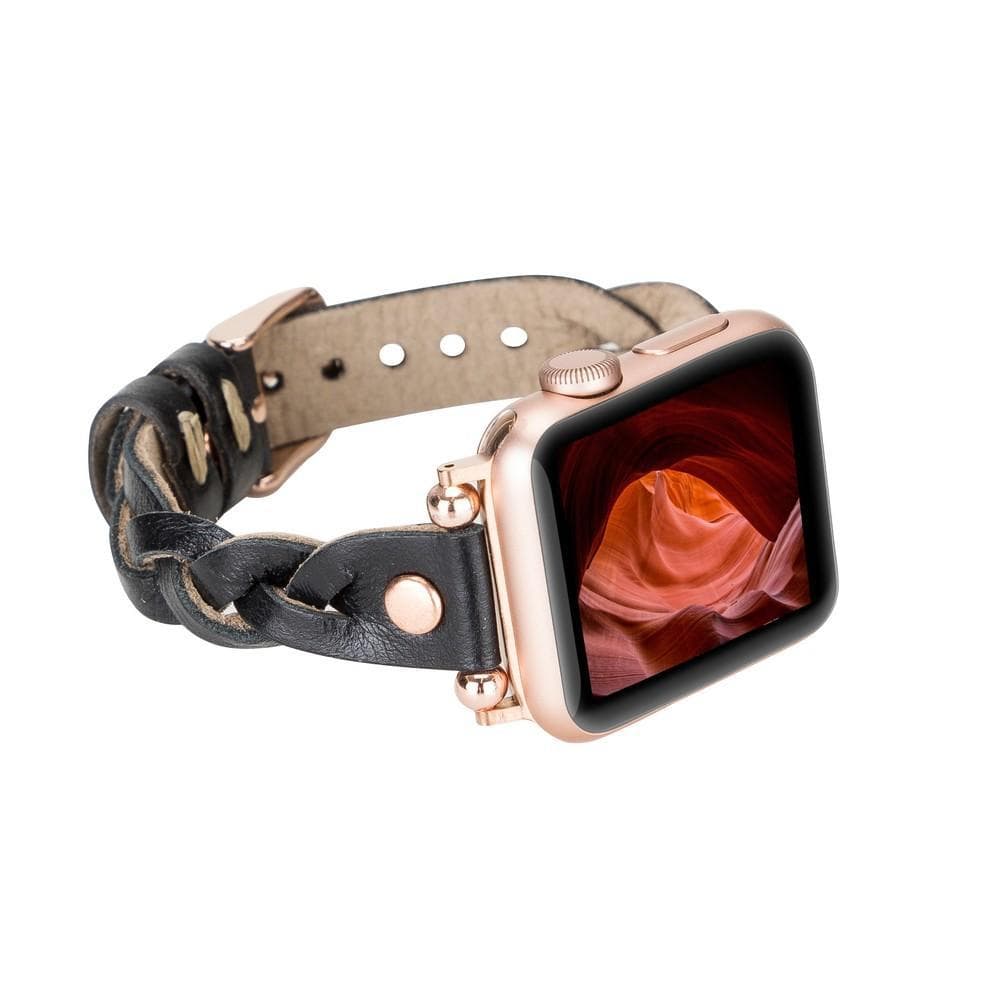 Wanda Ferro Braided Rose Gold Trok Style Leather Apple Watch Band - TORONATA - color_ Black