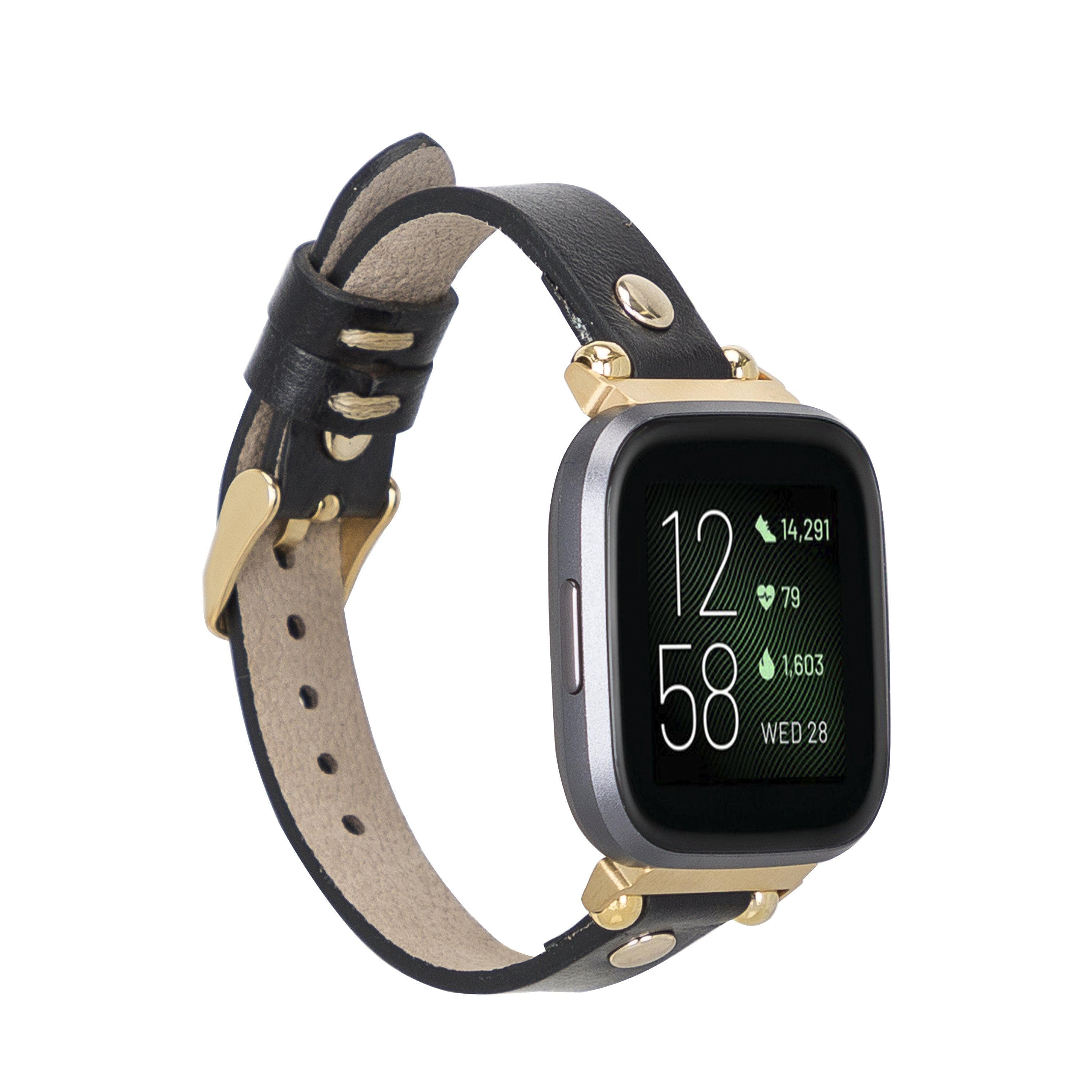 Ferro Leather Fitbit Watch Band with Gold Trok - TORONATA - color_ Black