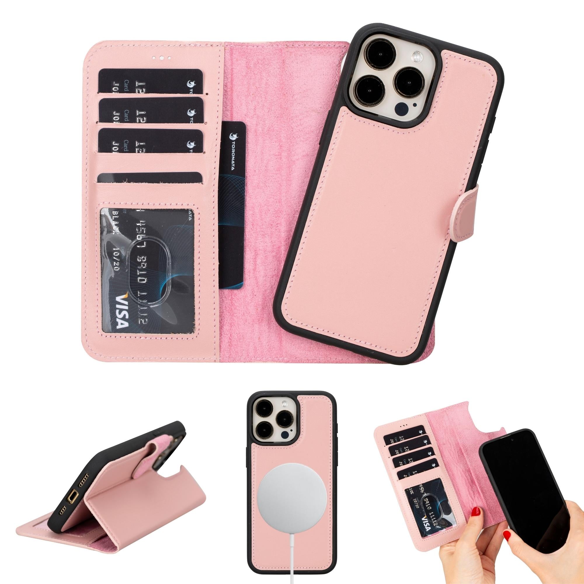 Casper Leather Detachable Wallet for iPhone 15 iPhone 15 Pro / Pink