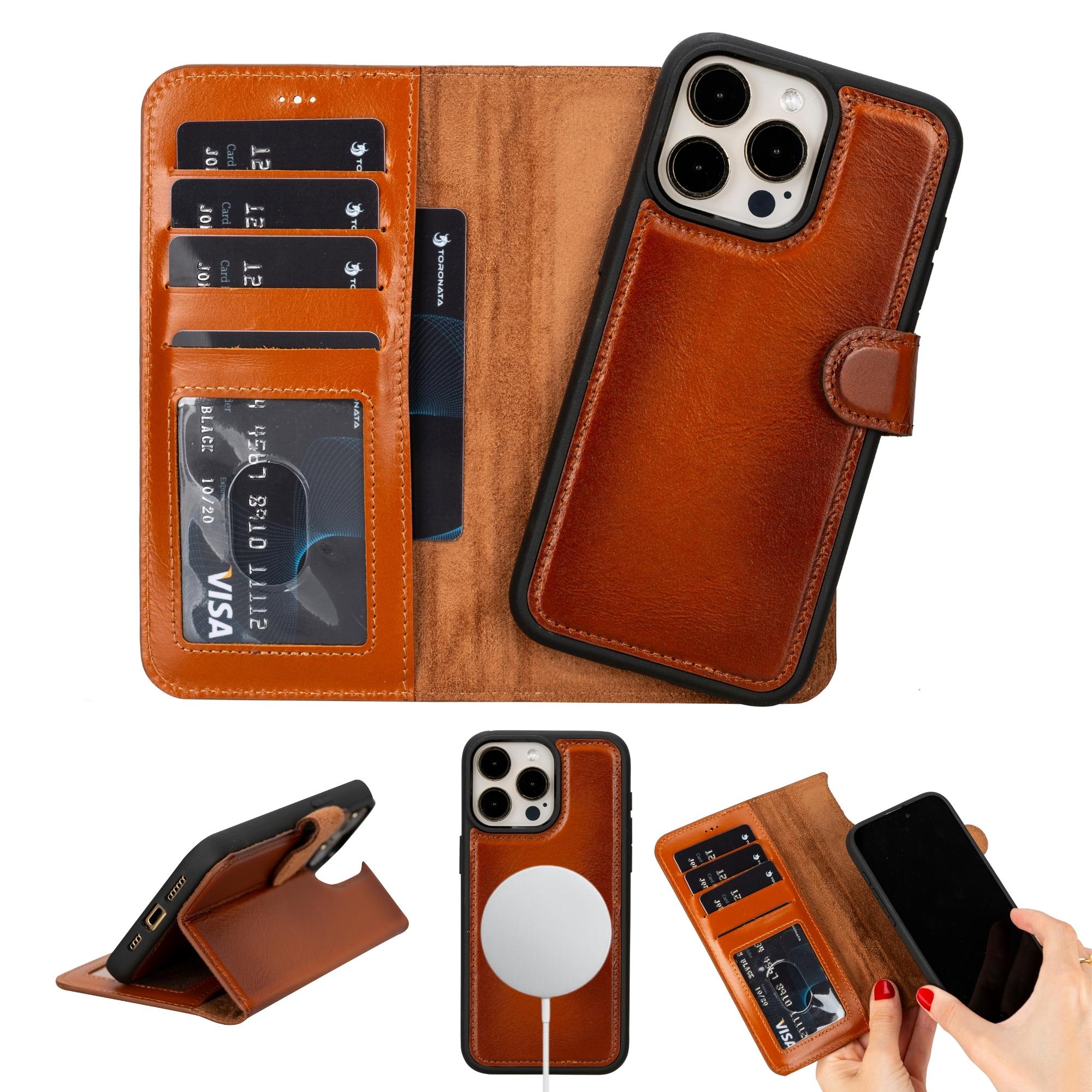 Leather Tri-Fold Wallet Case for iPhone 15 Pro - Premium Full Grain Leather