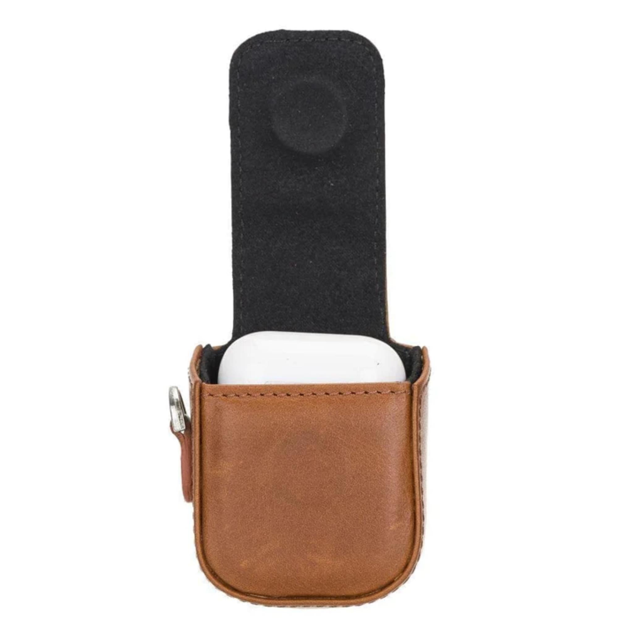 aurora luxury leather airpods case with attached wrist strap - toronata - #color_tan