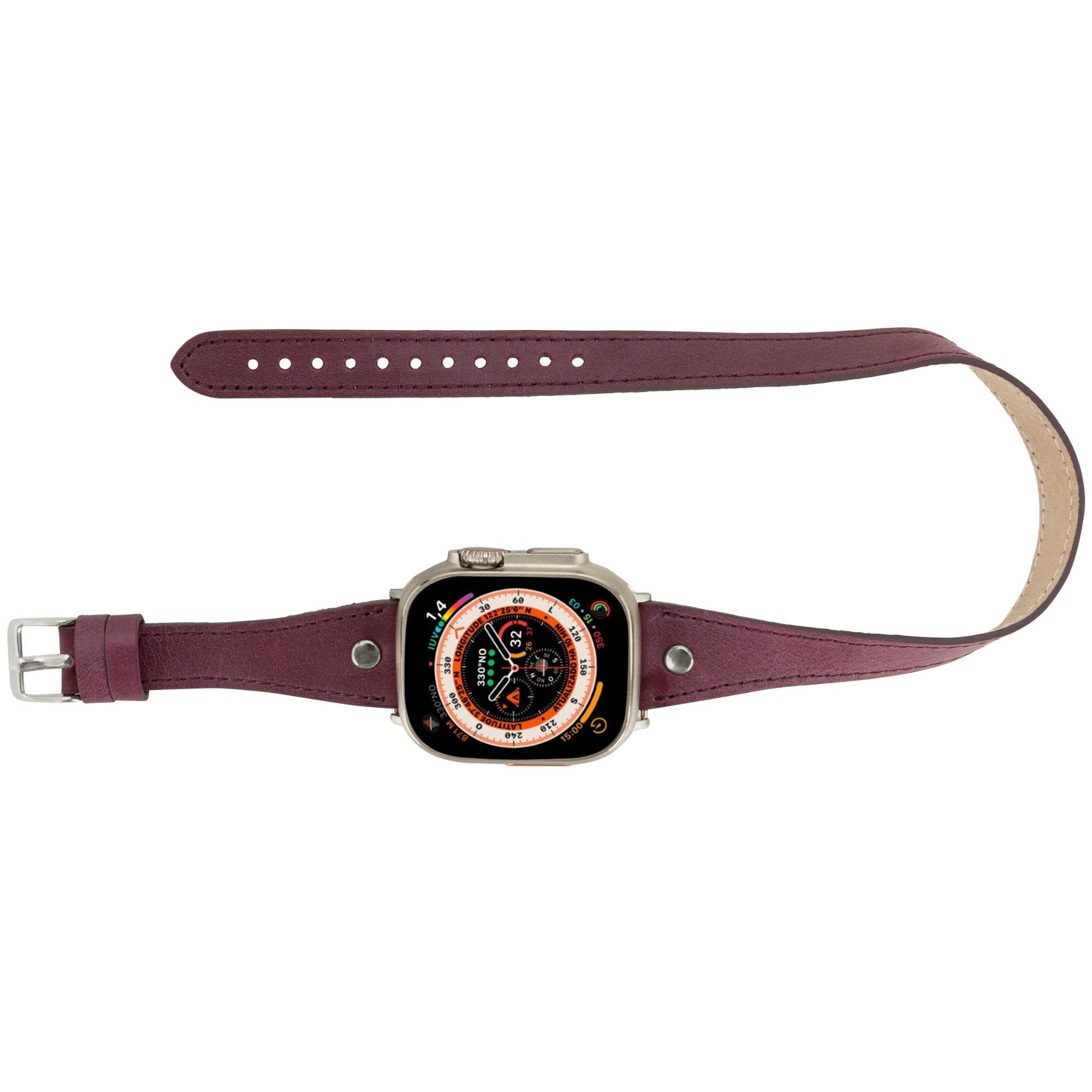 Basin Double Tour Leather Bands for Apple Watch 9, Ultra 2 and SE-Purple-49mm / 45mm / 44mm / 42mm--TORONATA