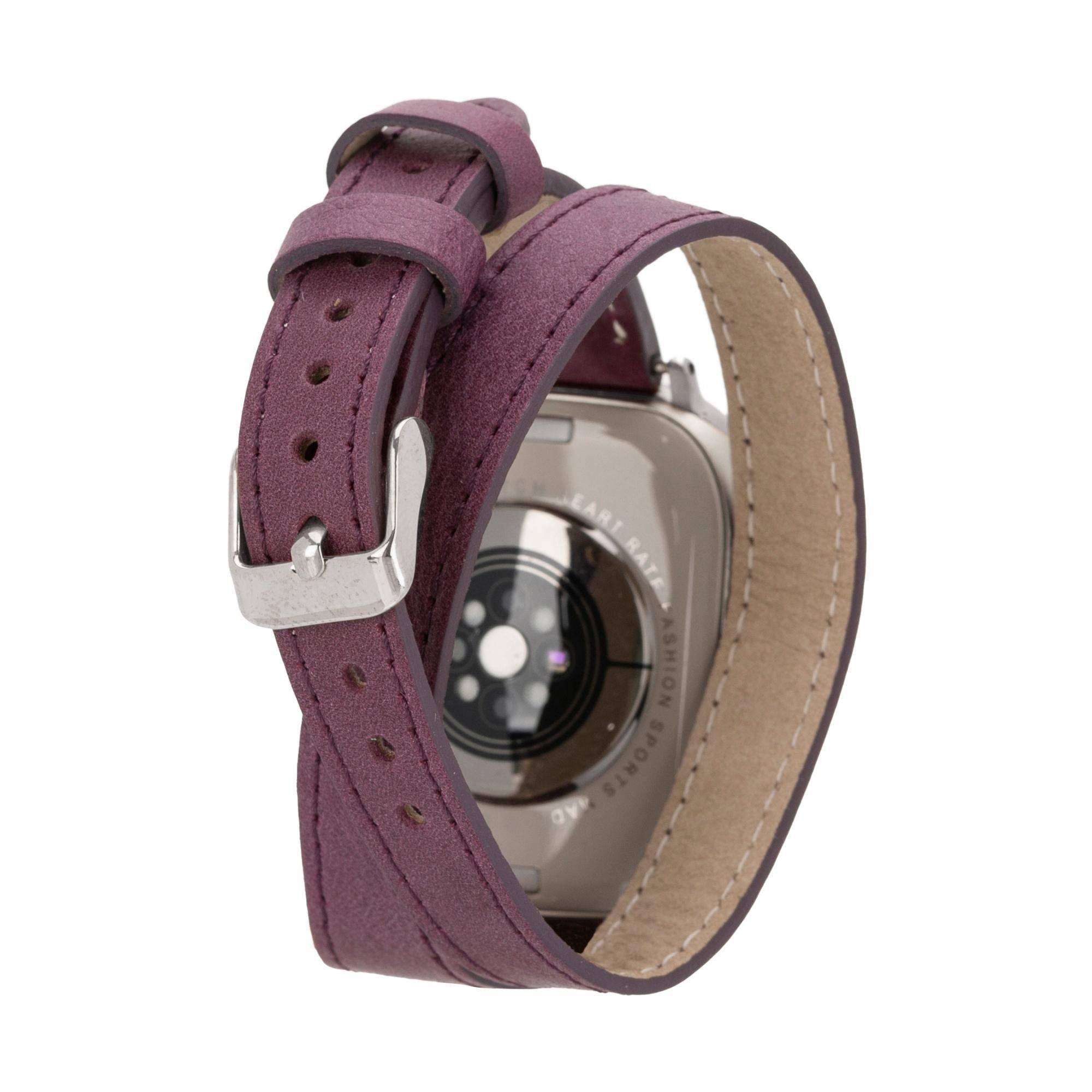 Basin Double Tour Leather Bands for Apple Watch 9, Ultra 2 and SE-Purple-49mm / 45mm / 44mm / 42mm--TORONATA