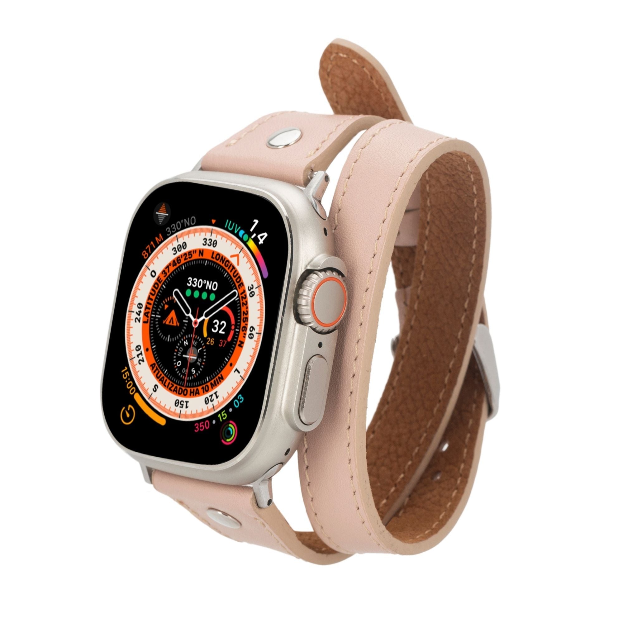 Basin Double Tour Leather Bands for Apple Watch Ultra,8,7 and SE - 45/44/42mm - Pink - TORONATA