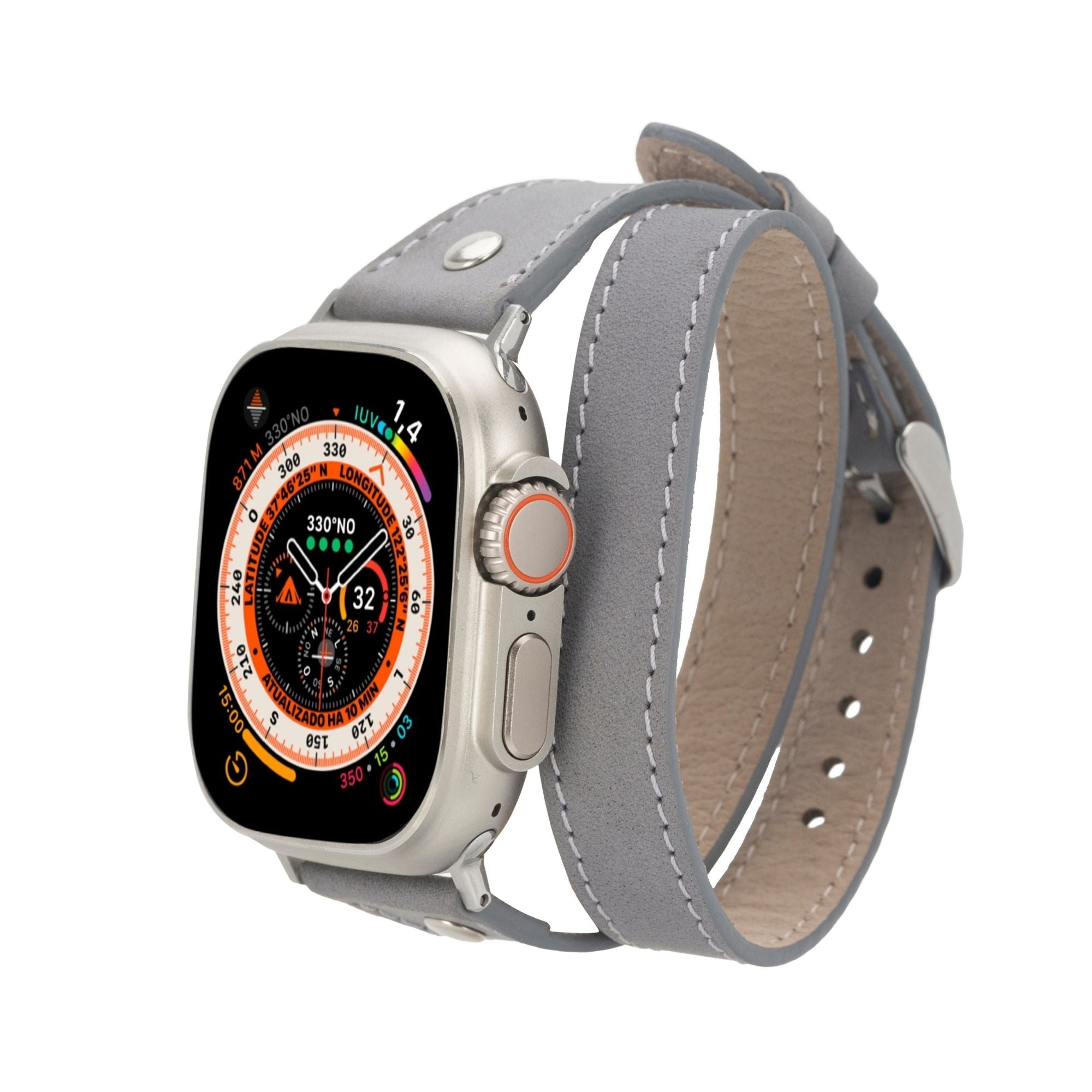 Basin Double Tour Leather Bands for Apple Watch Ultra,8,7 and SE - 45/44/42mm - Gray - TORONATA