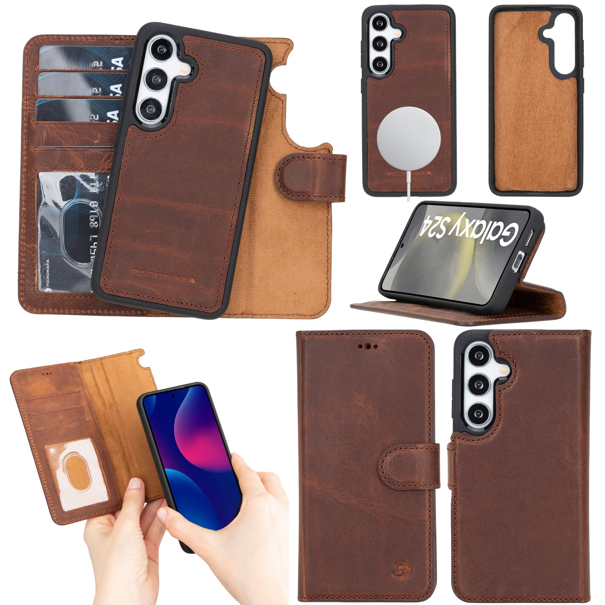 Buffalo Leather Samsung Galaxy S24 Plus Wallet with Detachable Case-Dark Brown---TORONATA