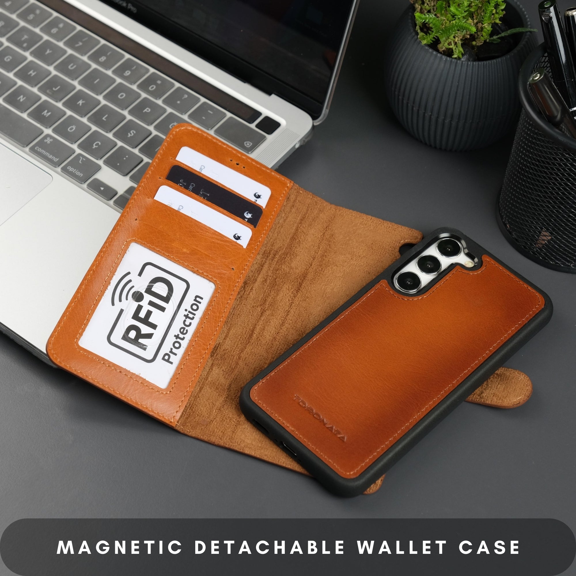 Buffalo Leather Samsung Galaxy S24 Plus Wallet with Detachable Case - TORONATA - #color_tan