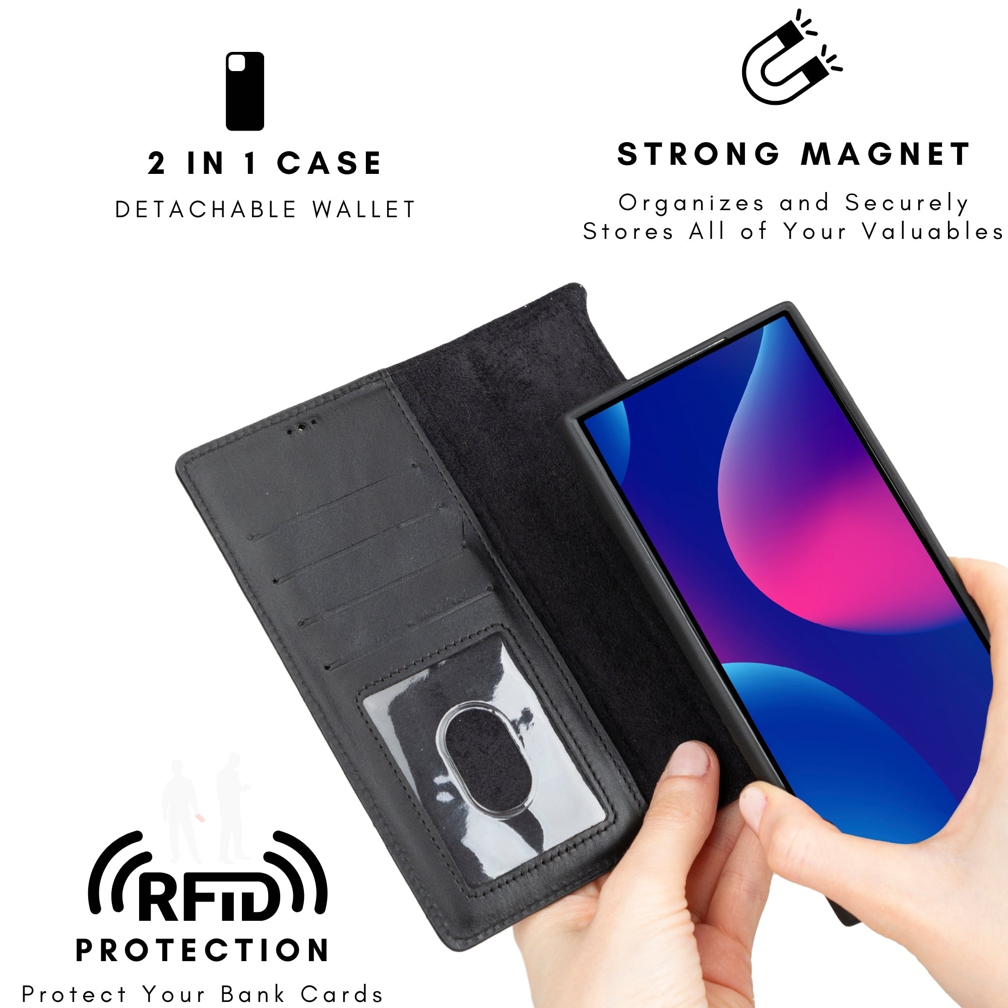 Buffalo Leather Samsung Galaxy S24 Ultra Wallet with Detachable Case-Black---TORONATA