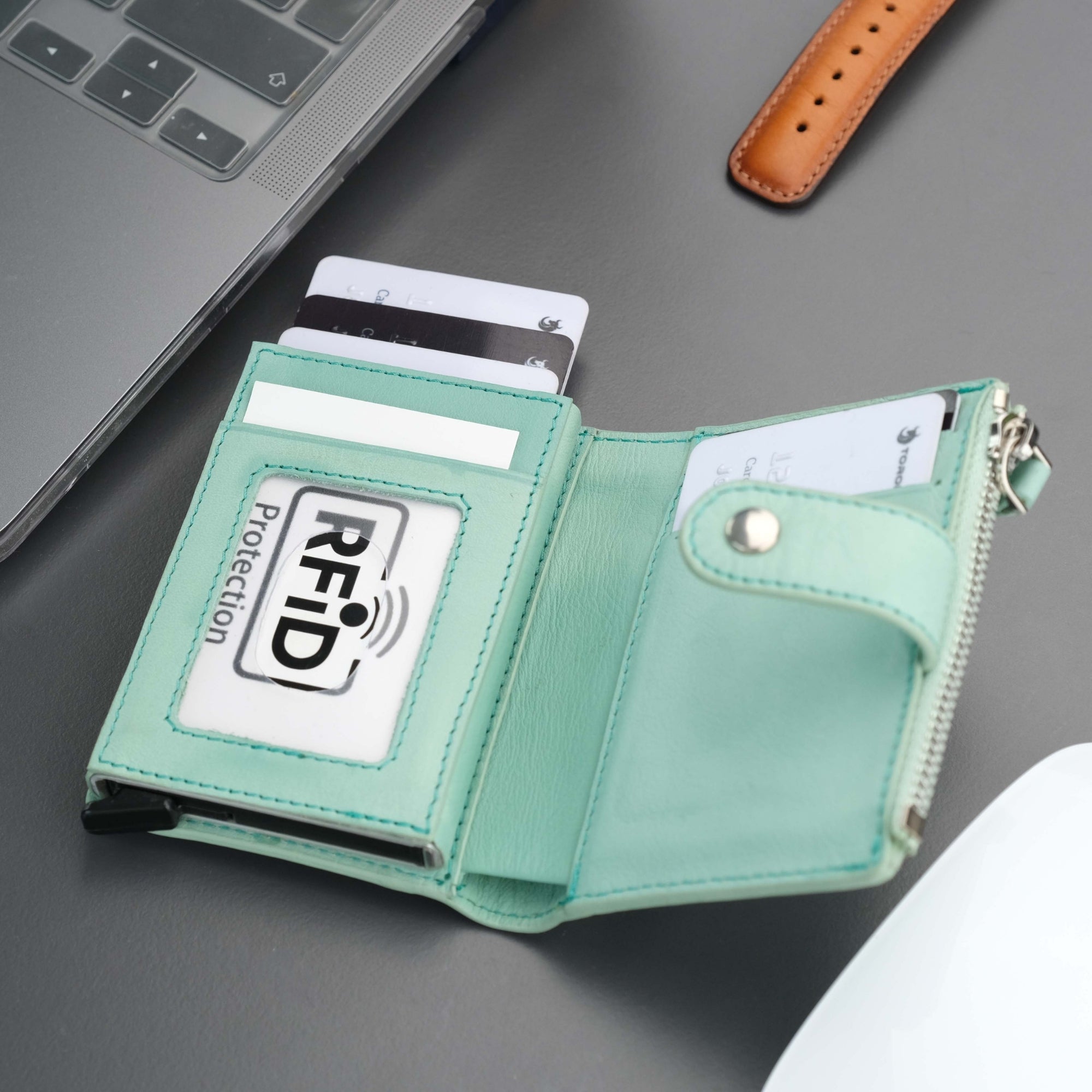 Glenroc Green Leather Pop-up Cardholder Wallet----TORONATA