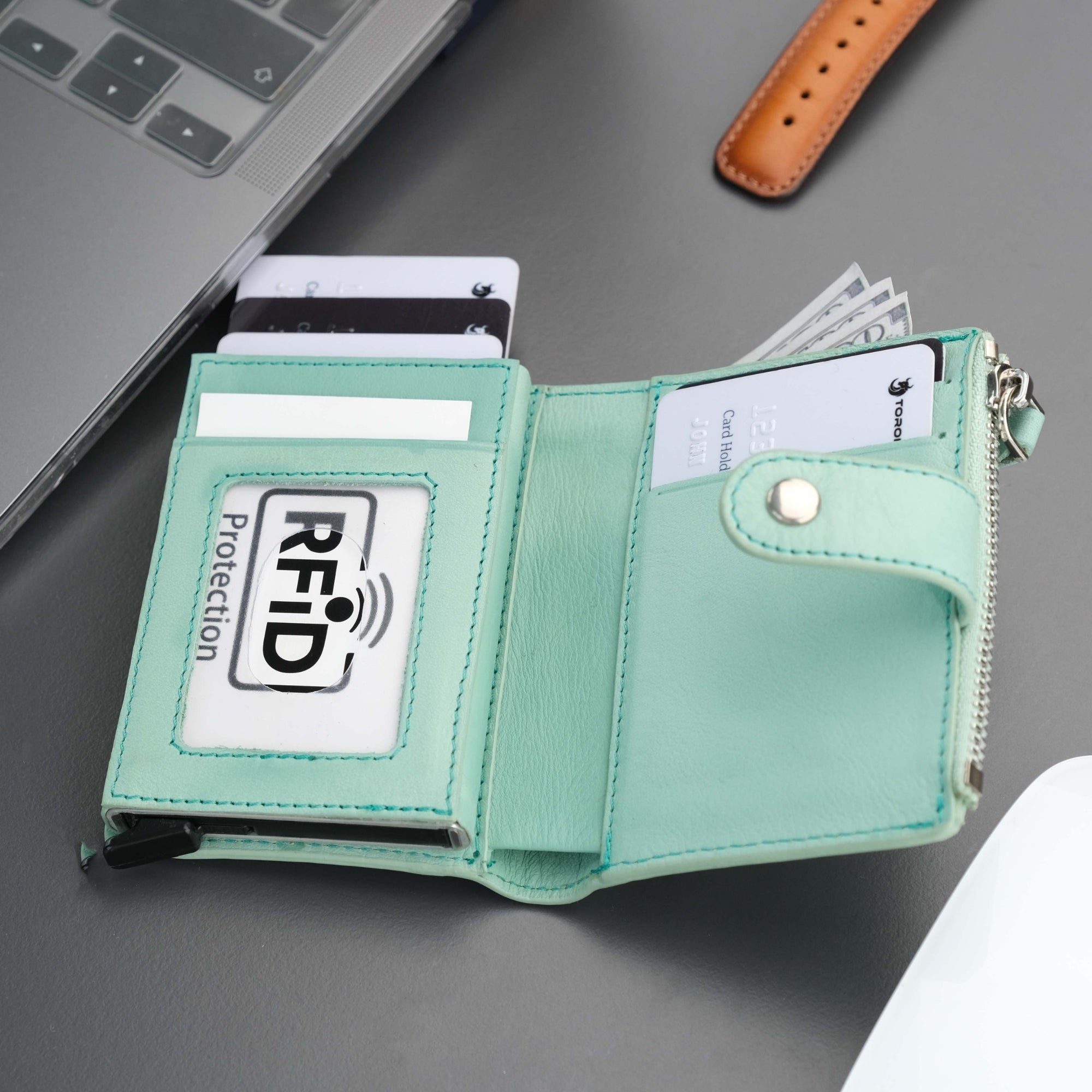 Glenroc Green Leather Pop-up Cardholder Wallet----TORONATA