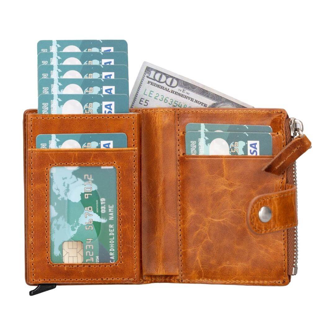 Glenrock Genuine Cowhide Leather Pop Up Card Holder Wallet - Brown - TORONATA