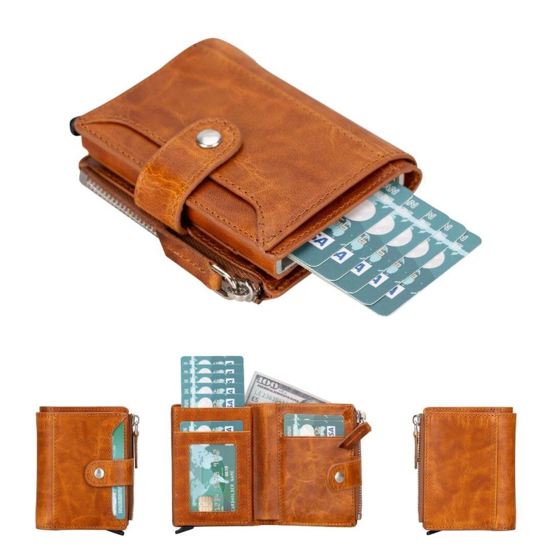 Glenrock Genuine Cowhide Leather Pop Up Card Holder Wallet - Brown - TORONATA