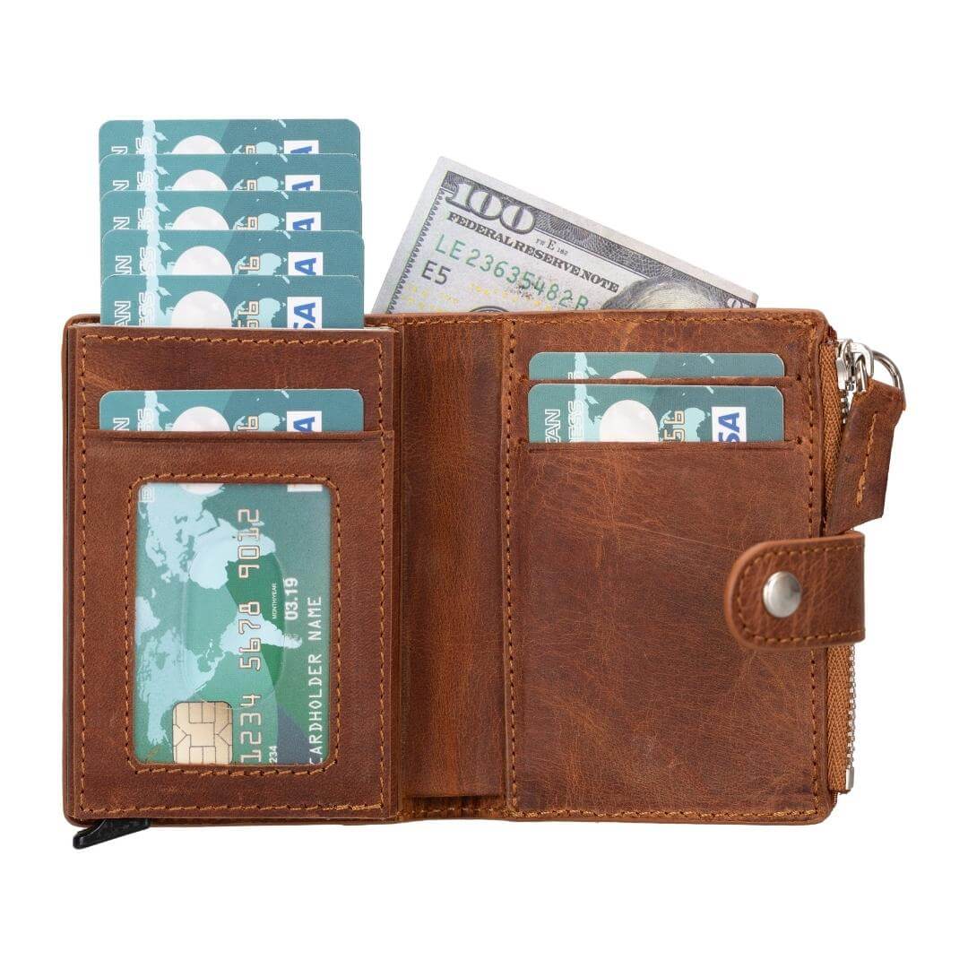 Glenrock Genuine Cowhide Leather Pop Up Card Holder Wallet - Dark Brown - TORONATA