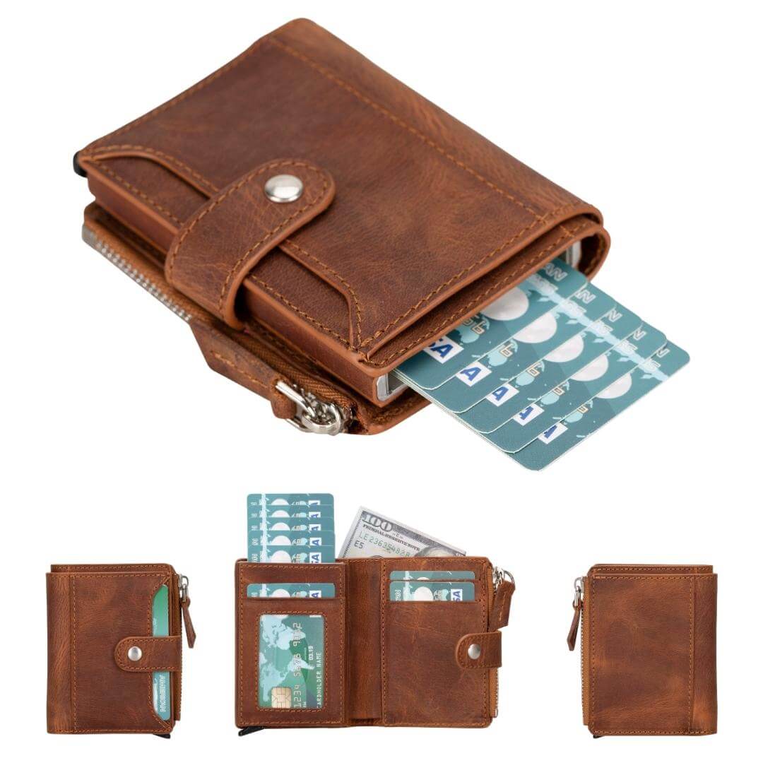 Glenrock Genuine Cowhide Leather Pop Up Card Holder Wallet - Dark Brown - TORONATA