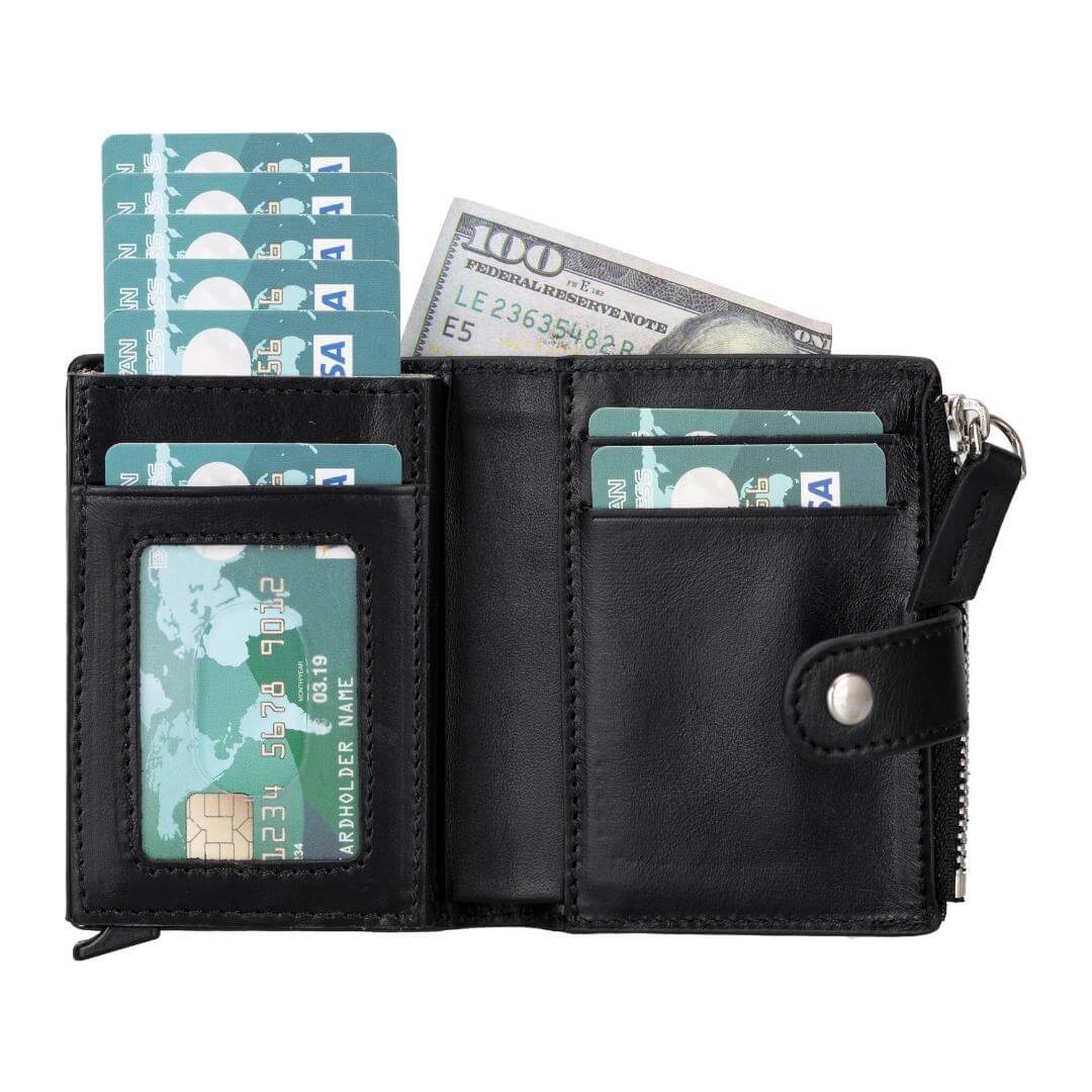 Glenrock Genuine Cowhide Leather Pop Up Card Holder Wallet - Black - TORONATA