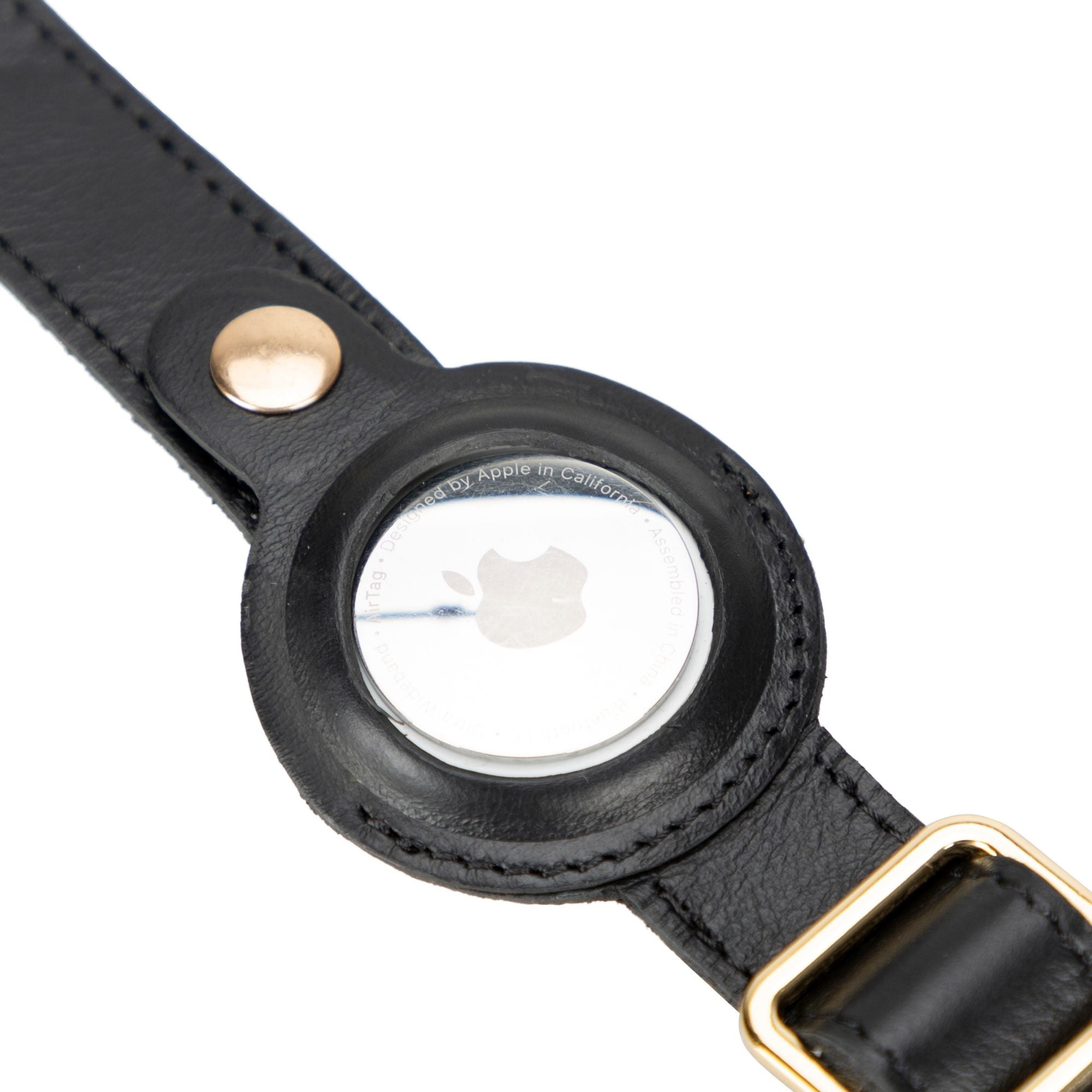 golden leather dog collars with apple airtag slot - toronata - #color_black