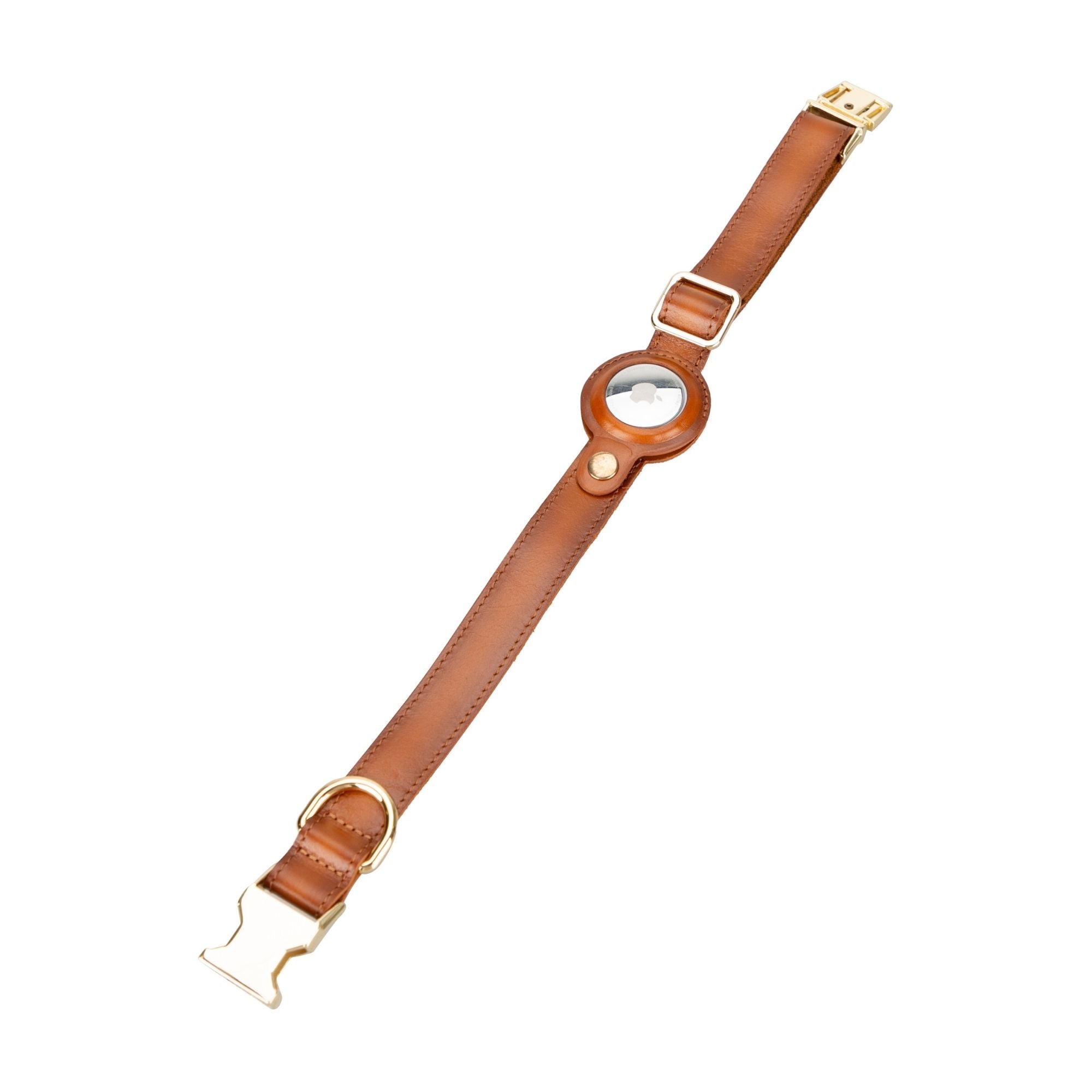 golden leather dog collars with apple airtag slot - toronata - #color_tan