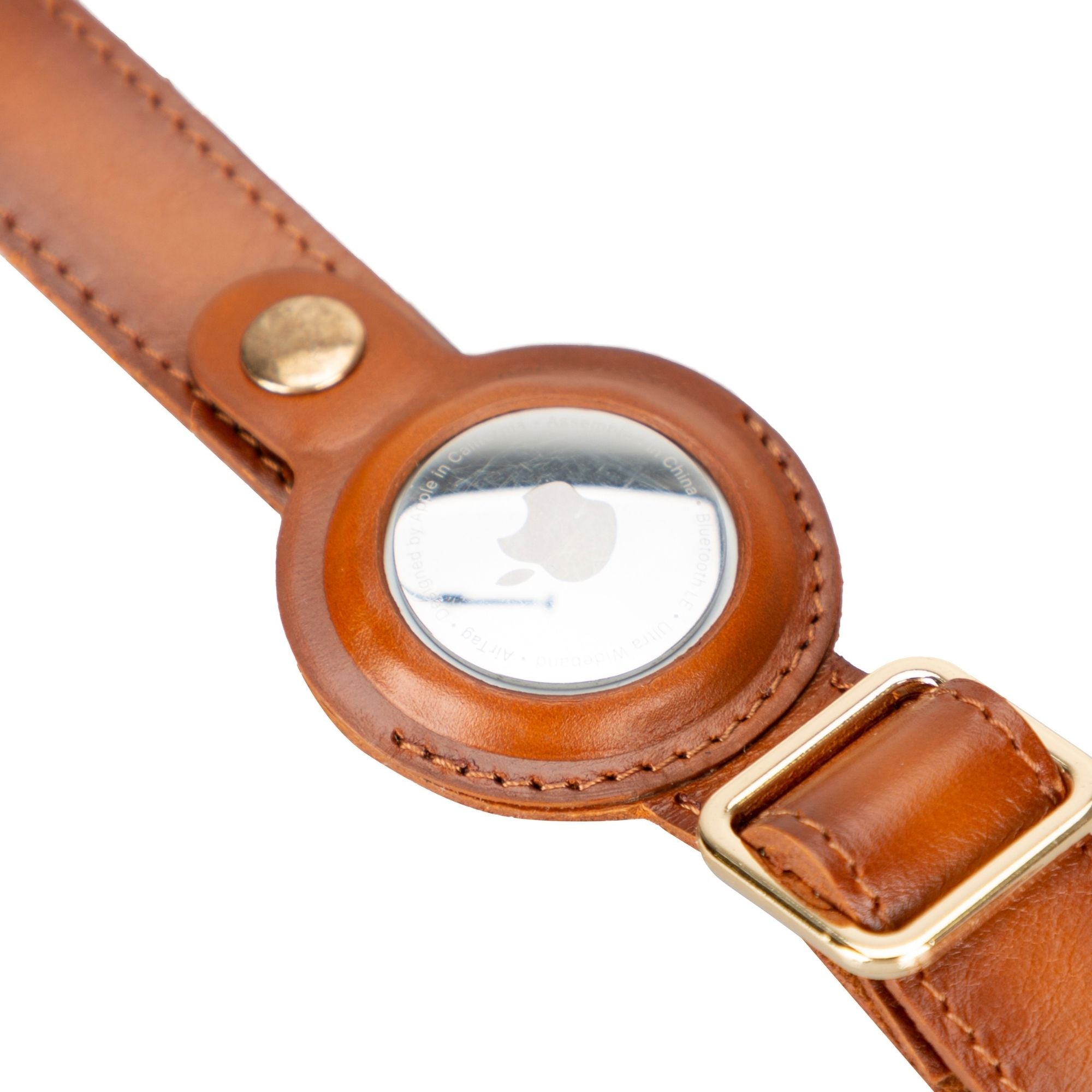 golden leather dog collars with apple airtag slot - toronata - #color_tan