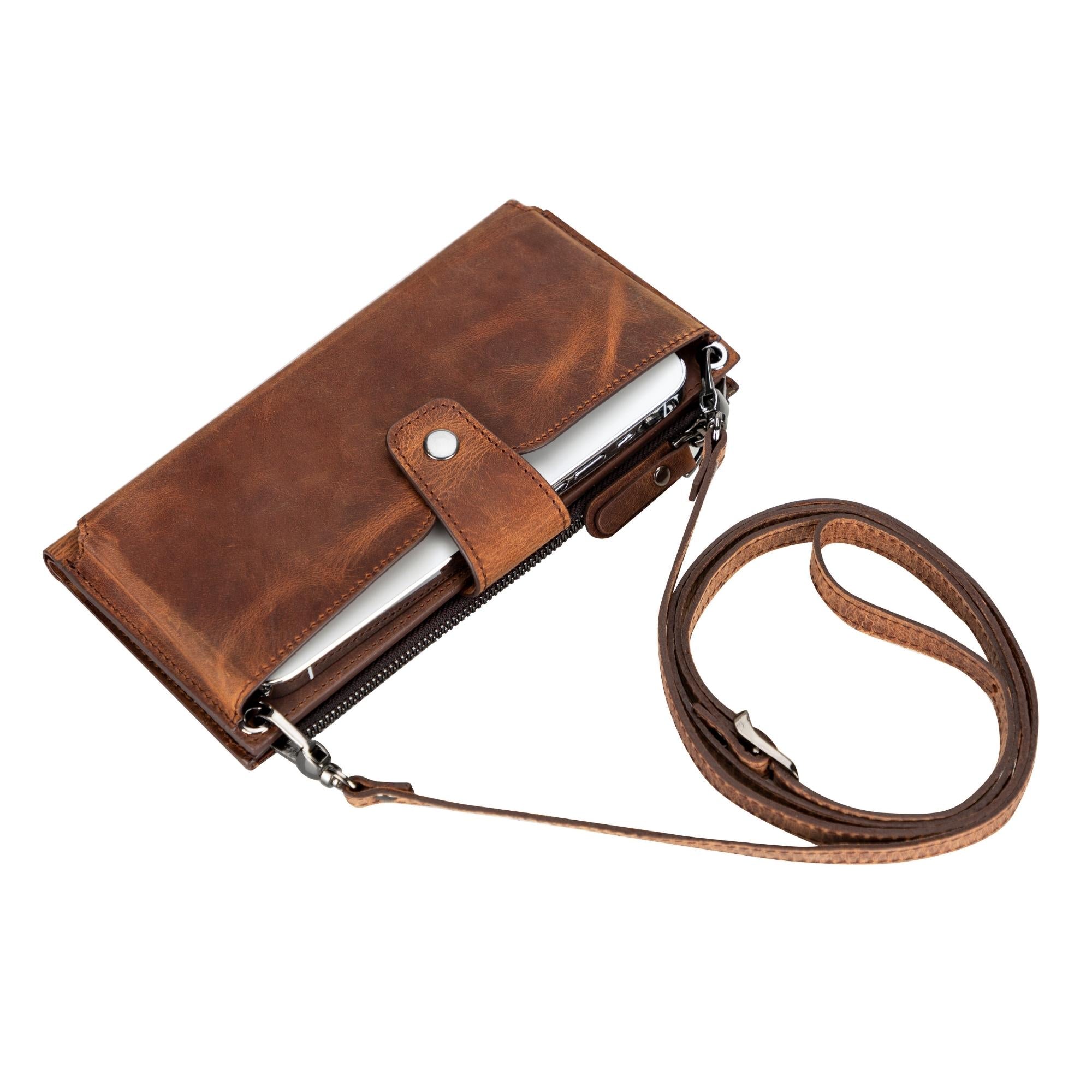 Kaycee Leather Women's Cell Phone Wallet with Strap - Antic Brown - 6.9" - TORONATA