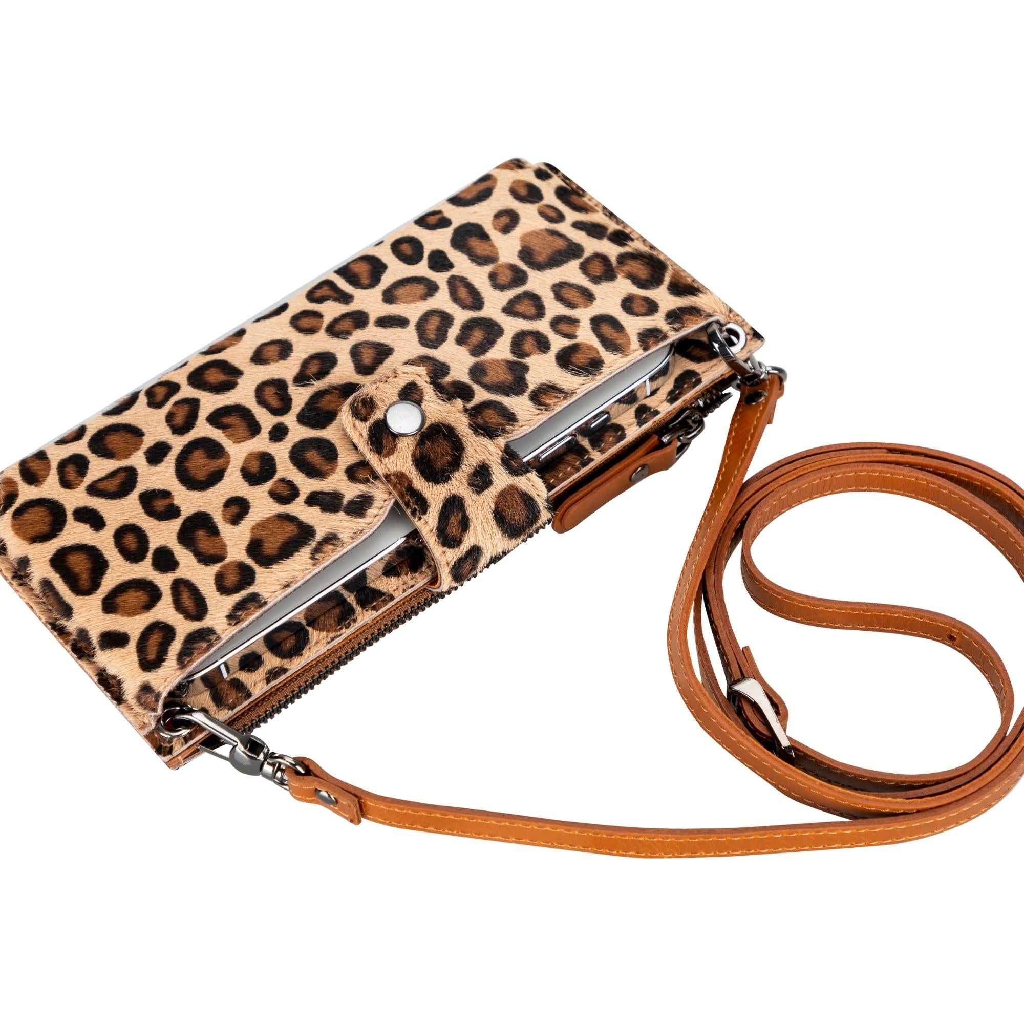 Kaycee Leather Women's Cell Phone Wallet with Strap - Leopard - 6.9" - TORONATA