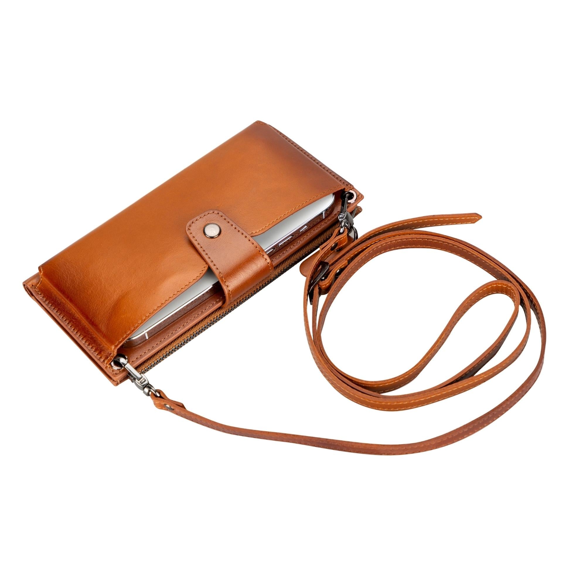 Kaycee Leather Women's Cell Phone Wallet with Strap - Tan - 6.9" - TORONATA
