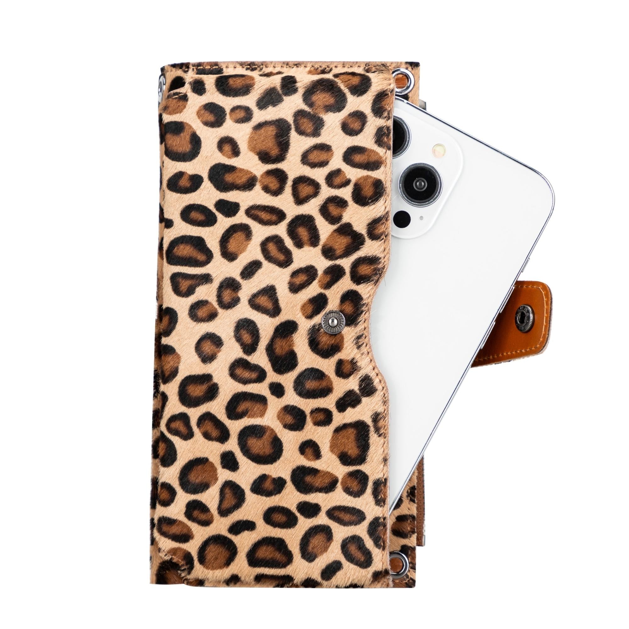 Kaycee Leather Women's Cell Phone Wallet with Strap - Leopard - 6.9" - TORONATA