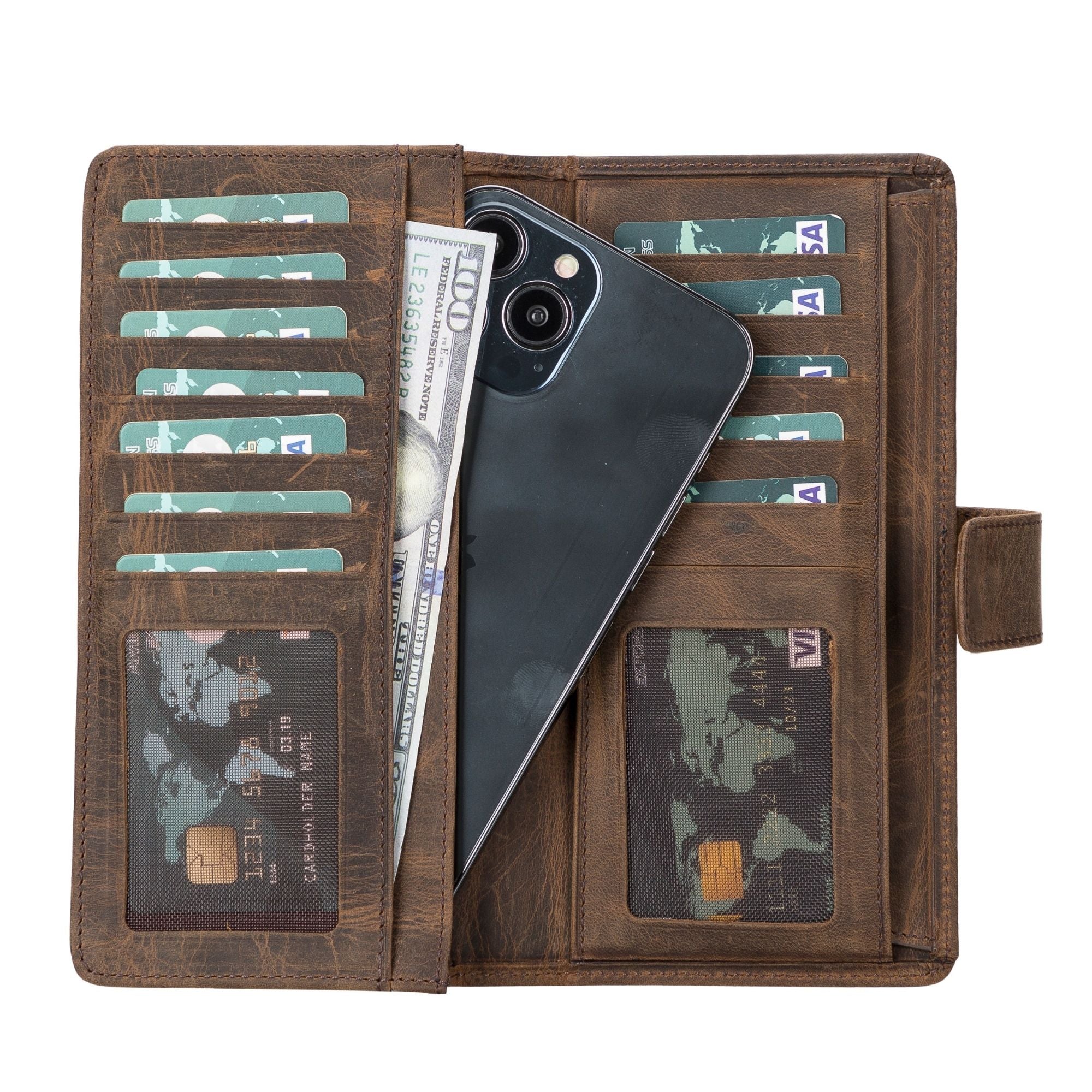 Lander Leather Phone Wallet and Multiple Card Holder for Women - Antic Dark Brown - 6.9" - TORONATA