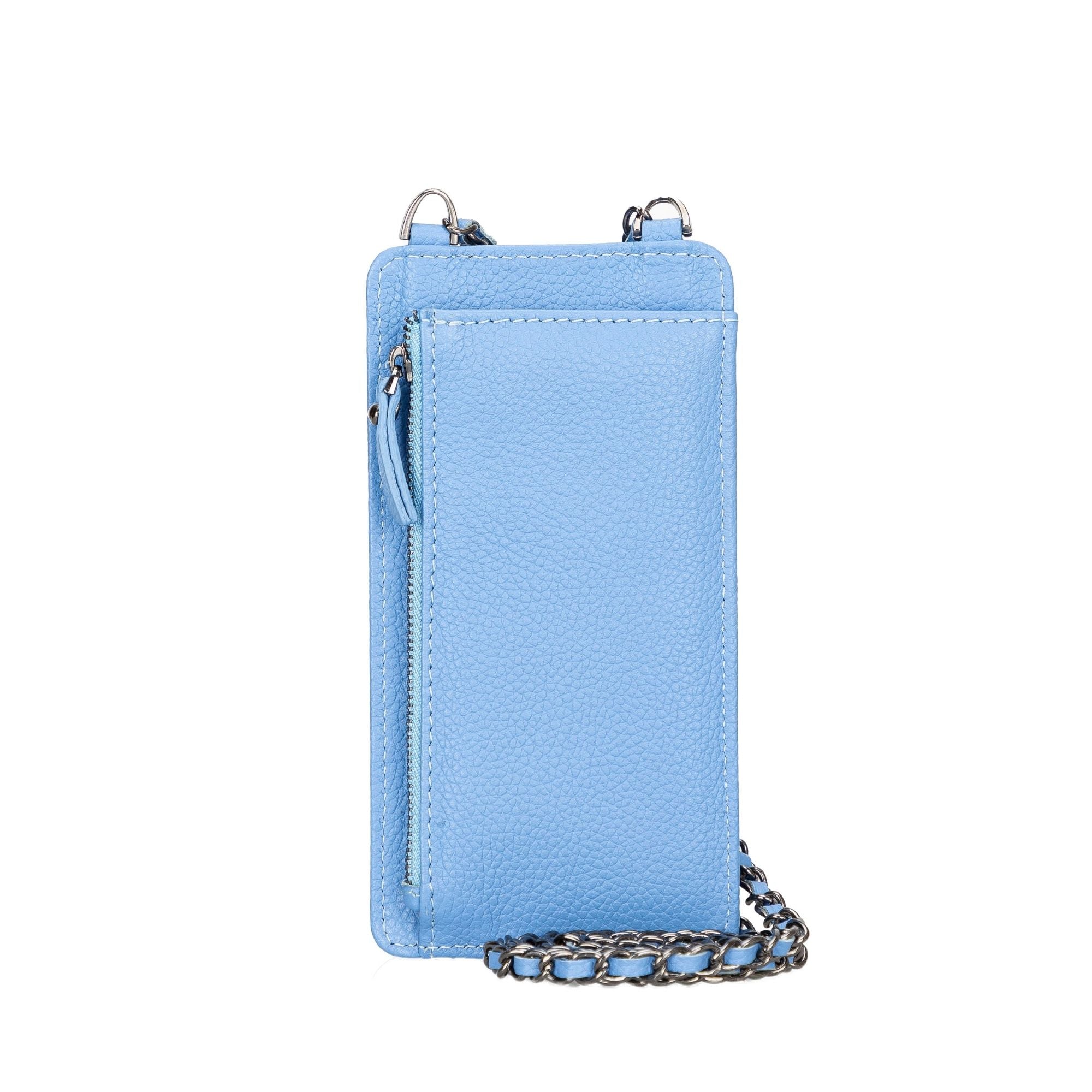 Light blue phone pouch with shoulder strap