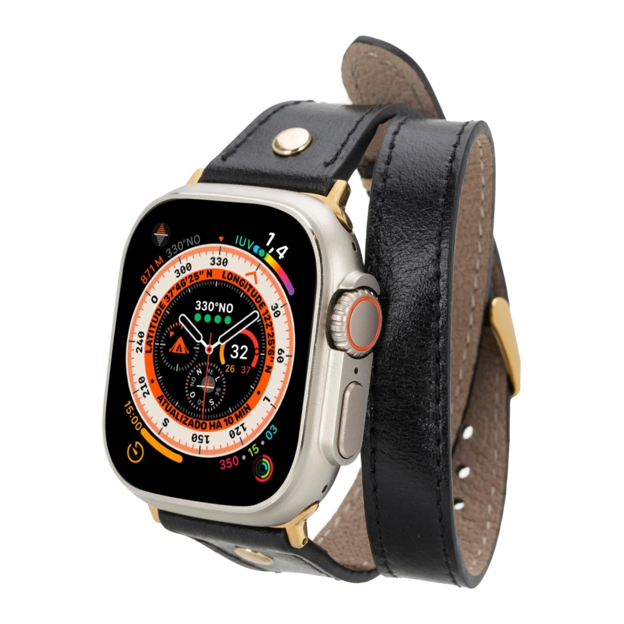 Syracuse Double Tour Leather Bands for Apple Watch 9, Ultra 2 and SE-Black-49mm / 45mm / 44mm / 42mm--TORONATA